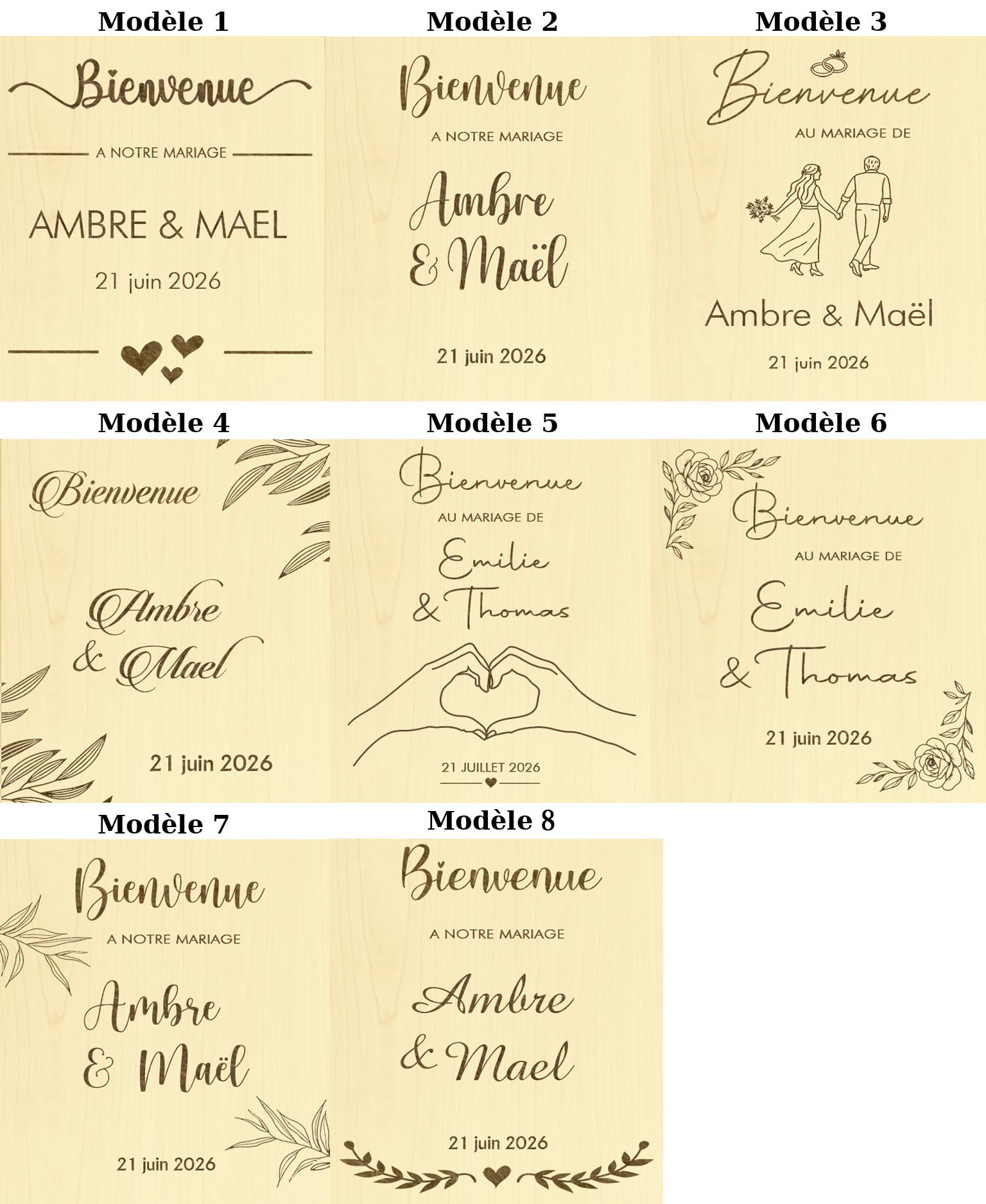 Willkommensschild für Hochzeit, personalisierbar, aus Holz, Kirschbaum, Ahornholz, Roségold, Champagner-Gold, Naturholz, 50 x 60 cm