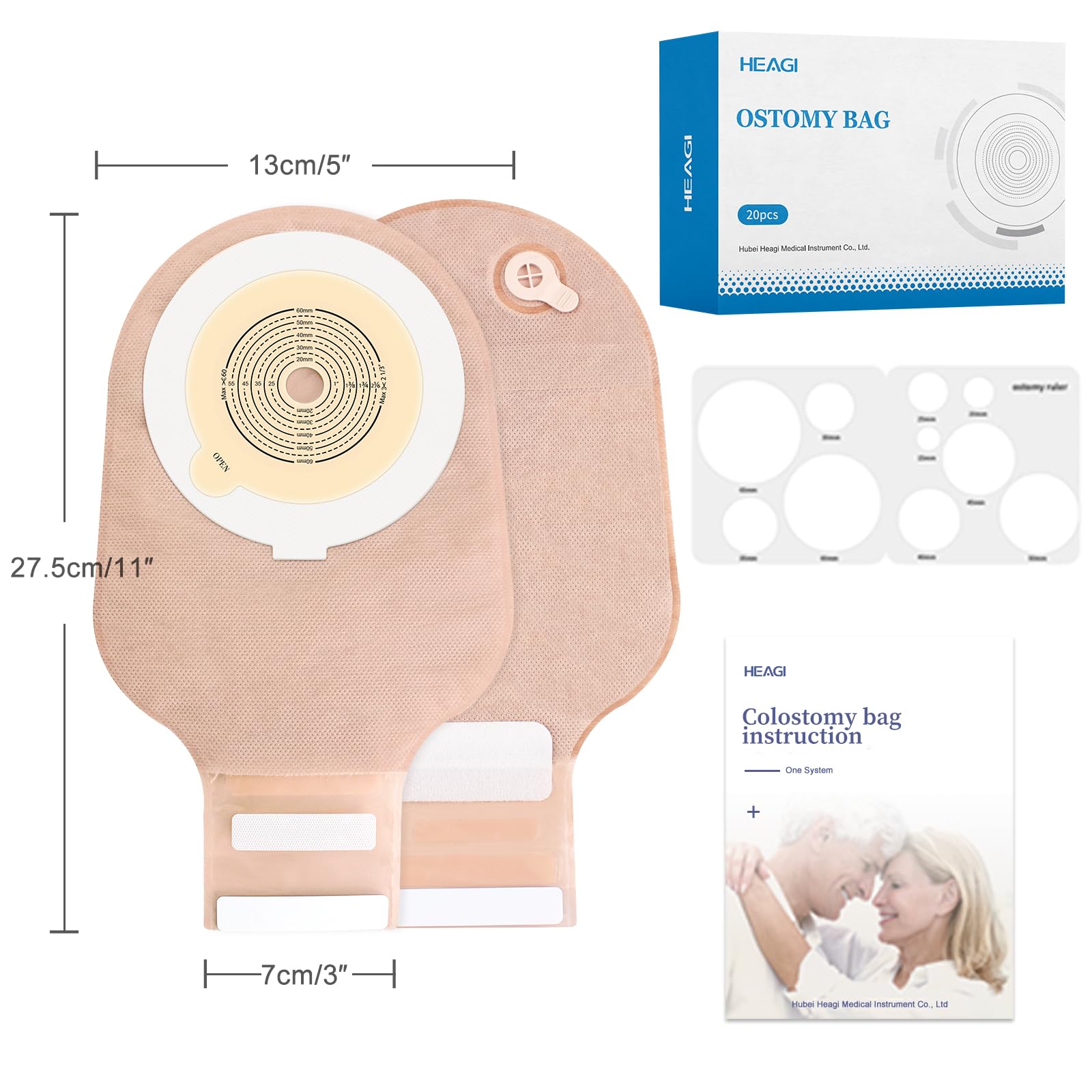 20 bolsas de colostomía, corte de 15-60 mm para adaptarse a bolsas drenables con cierre para el cuidado del estoma de ileostomía, bolsa de ostomía de una pieza, suministros de ostomía, equipada con