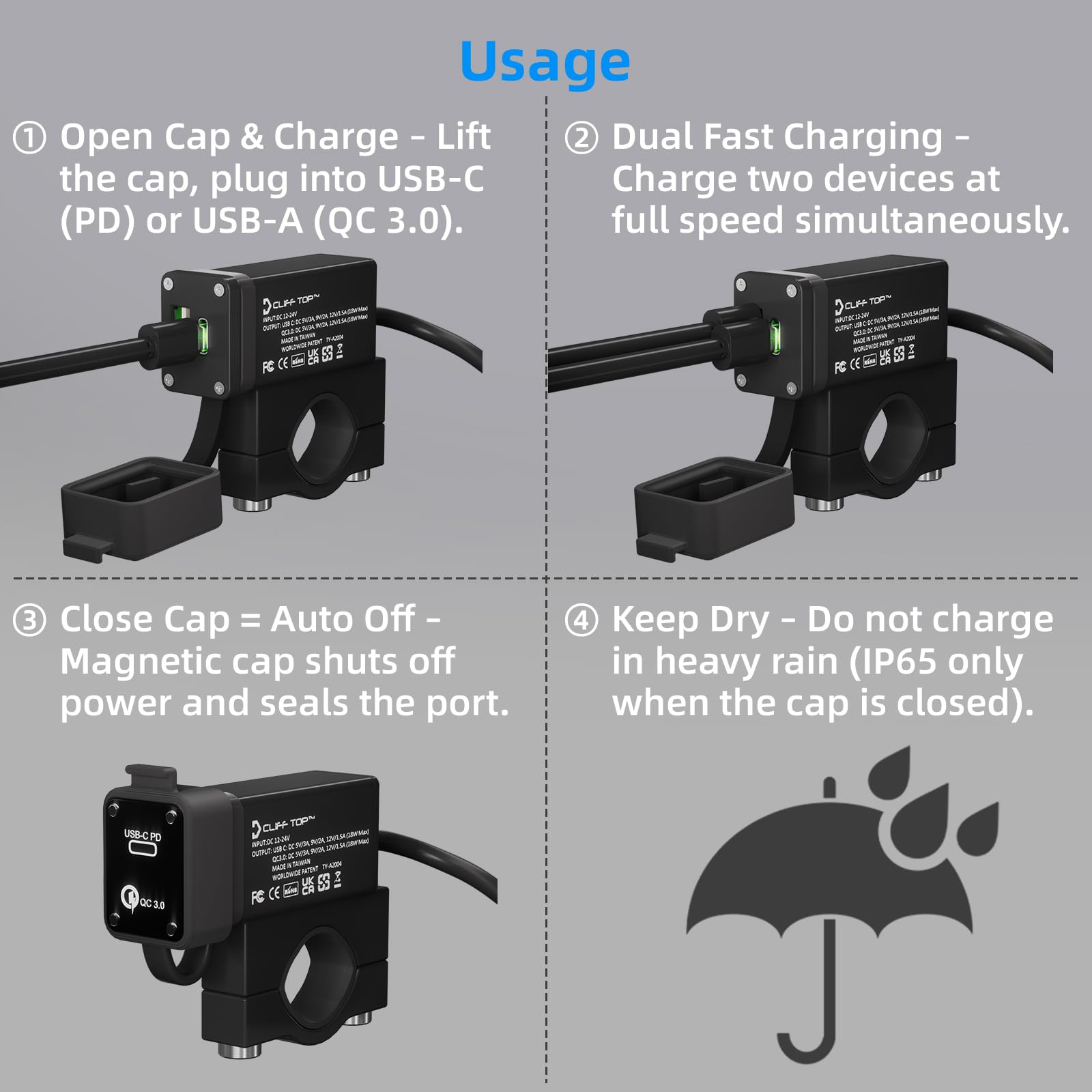 Cliff Top Chargeur USB de moto en aluminium 36W PD USB-C et QC 3.0 avec interrupteur d'alimentation magnétique et étanche pour guidons 7/8 '', 1'', 1 1/4 " - Empêche la décharge de la batterie.