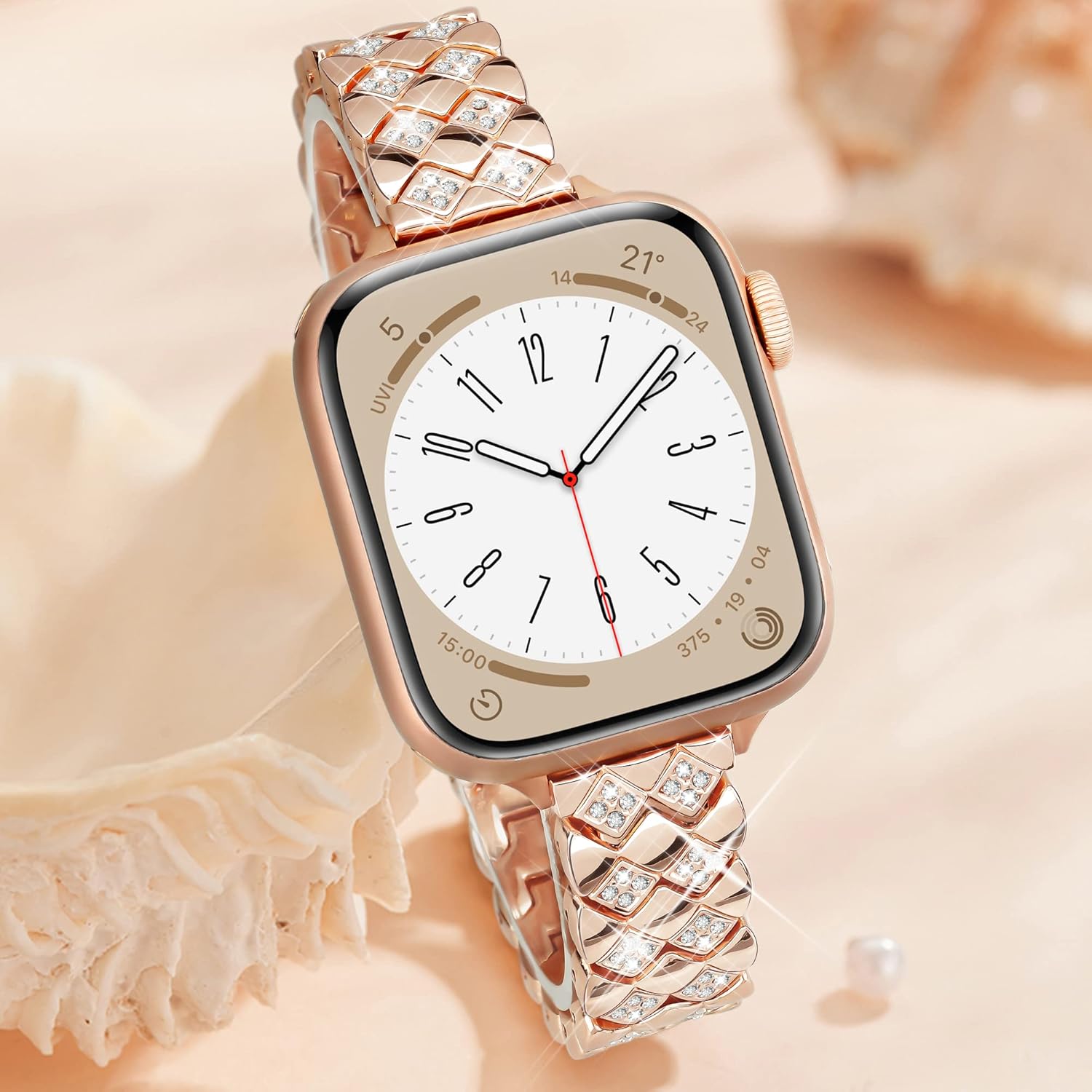 Exquisite Diamond Rhombus Band for Rose Gold Apple Watch Band 49mm 45mm 44mm 42mm, Fashion Shiny Band for Women, Elegant Alluring Metal Bracelet for iWatch Series 8/7/6/5/4/3/2/1/SE Ultra-Rose Gold