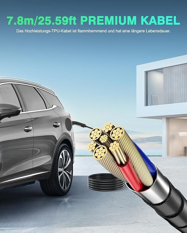 EVDANCE 11 kW hordozható Wallbox Type 2 töltőkábel 7,8m CEE 16A elektromos autóhoz