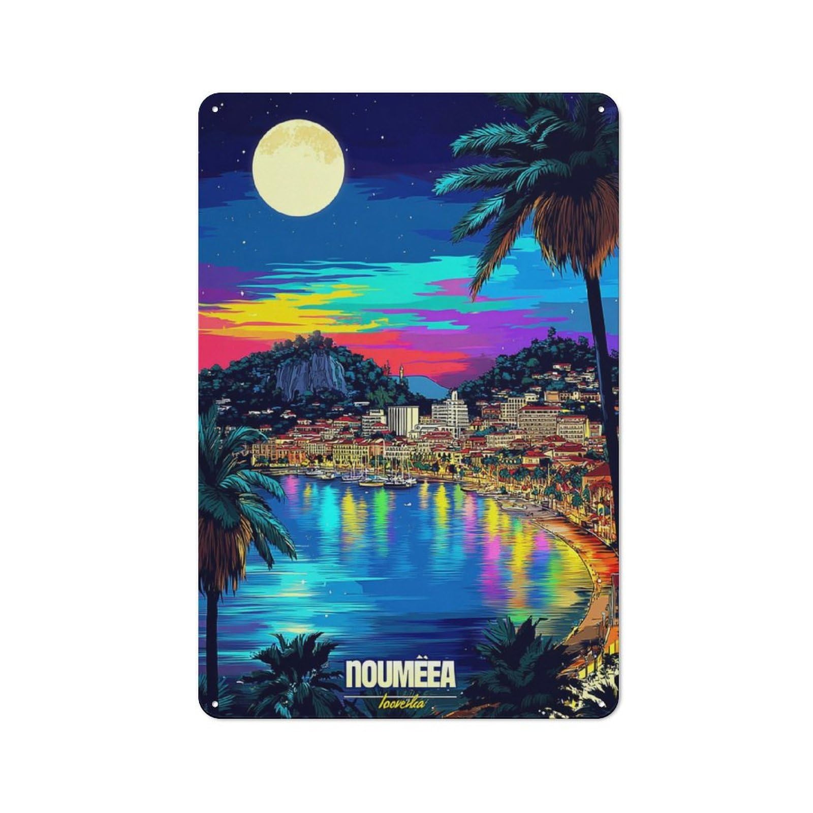 Junmoney Colorful Nouméa Night Skyline Tin Wall Plaque 30X20cm With For Hallway Wall, With Clear Retro Wall Decor Character