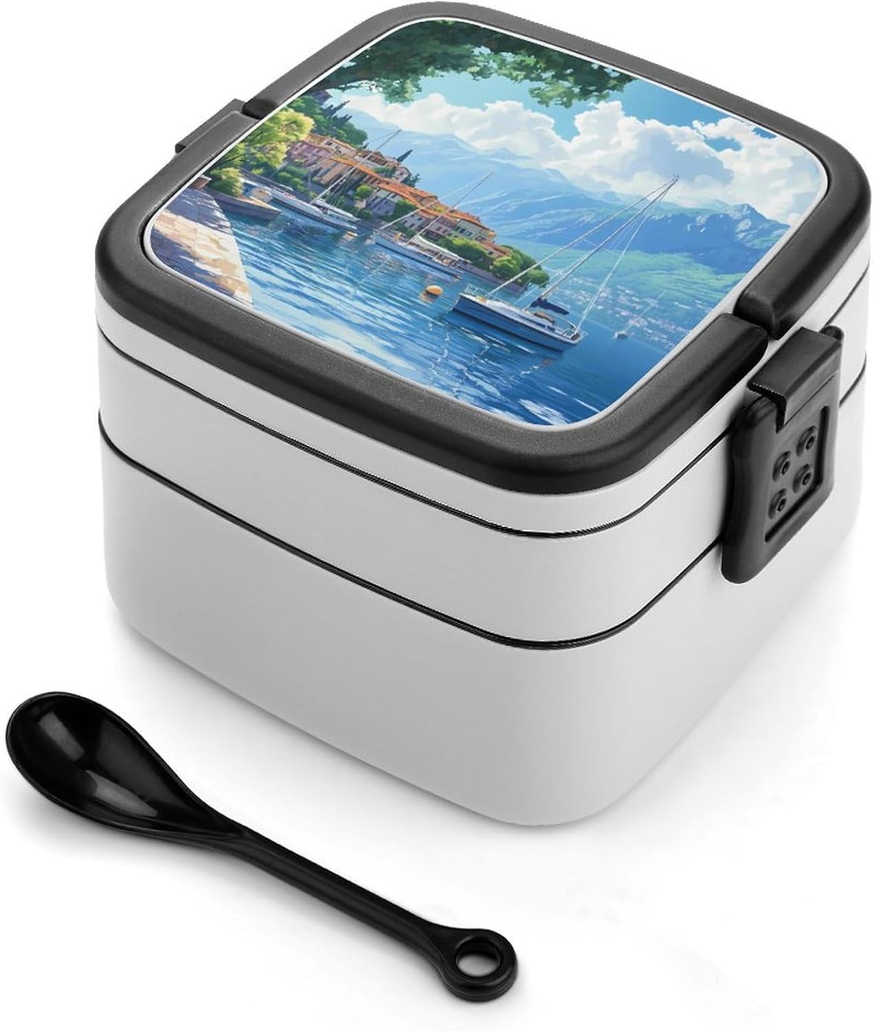 Italy Lake Como Boat Bento Box with Spoon 2 Layer Food Container Cute Lunch Box for Travel Dining Work