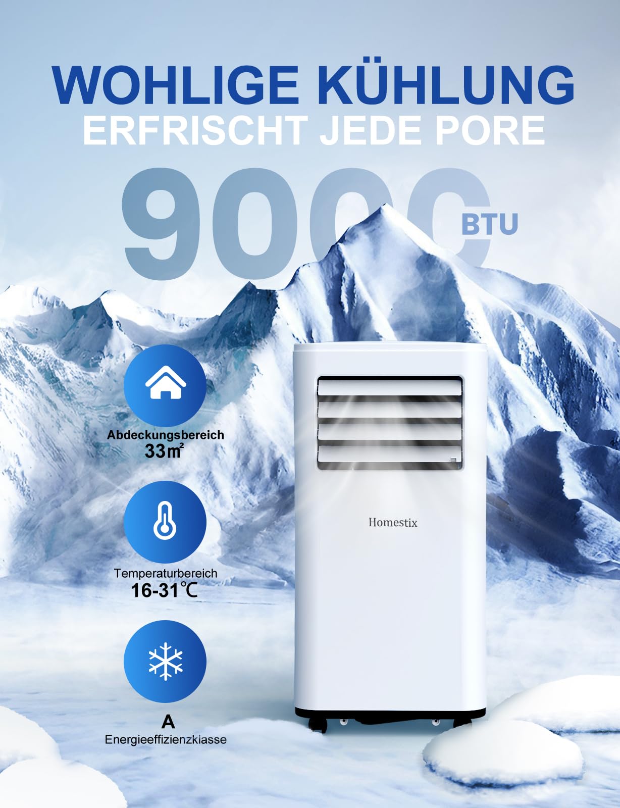 Klimaanlage Mobil 9000 BTU, Mobile Klimaanlage 4-in-1, Kühlung, Entfeuchtung und 2-Stufiger Belüftung, Mobiles Klimagerät mit Abluftschlauch, Digitalanzeige, 24h-Timer, Kühlfläche bis zu 88 m³(33㎡)