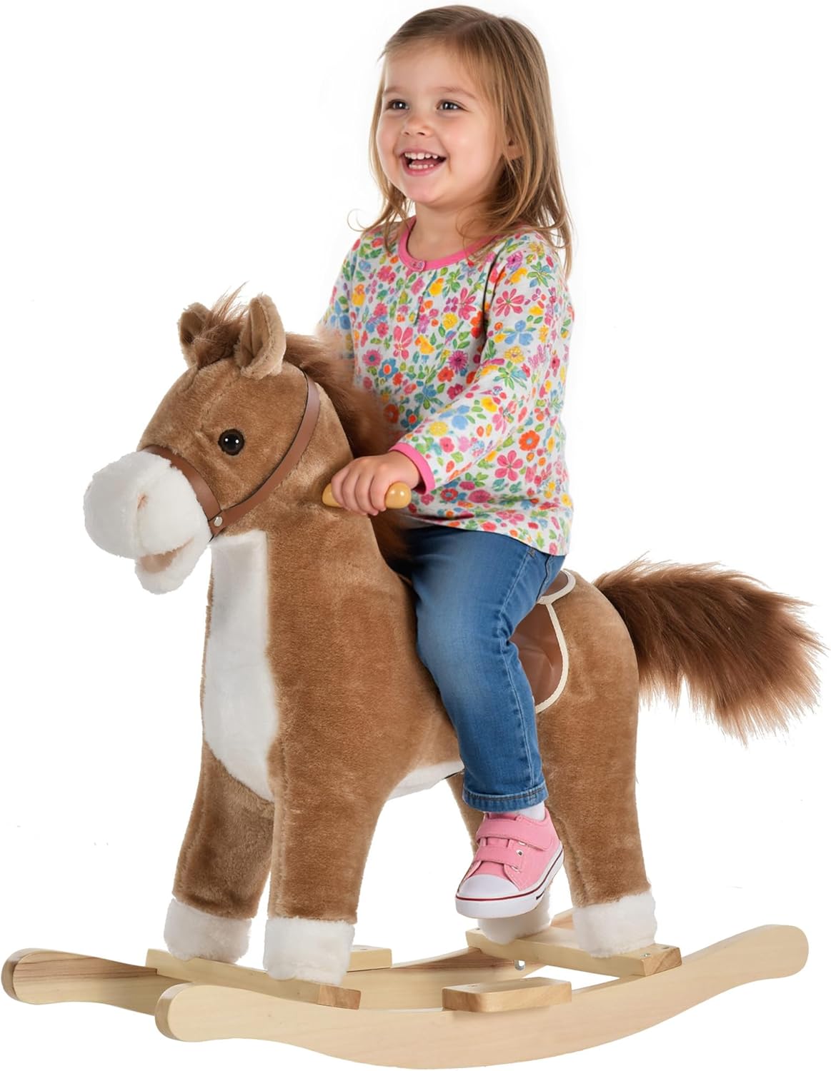 Qaba Plush Brown Rocking Horse on Wooden Rockers - Interactive Baby Rocker with Neighing Sounds, Moving Mouth & Wagging Tail