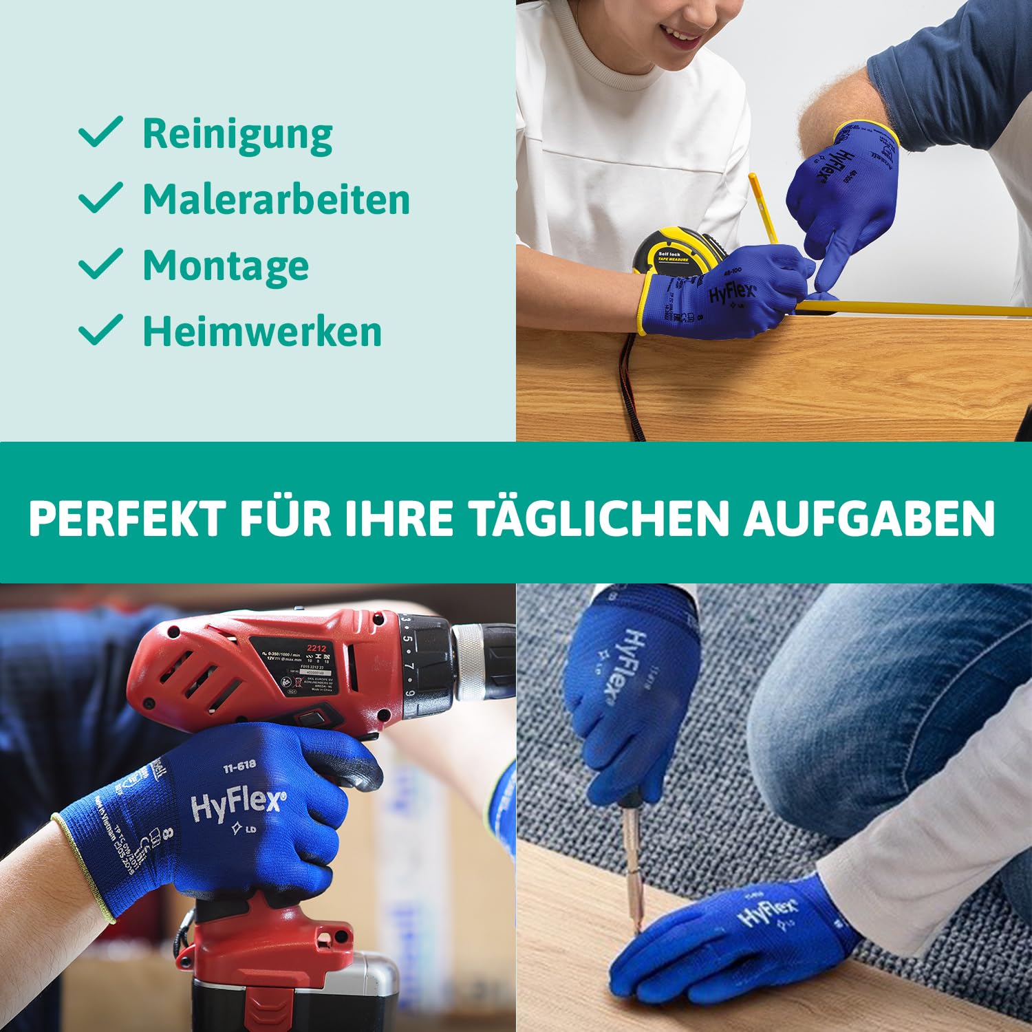 Ansell HyFlex 11-618 Mechaniker- Nylon Handschuhe, Abriebfeste Schutzhandschuhe mit PU-Beschichtung, Sicherheitshandschuhe für Präzisionsarbeiten, Touchscreen-Arbeitshandschuhe, 12 Paar, Gr. L