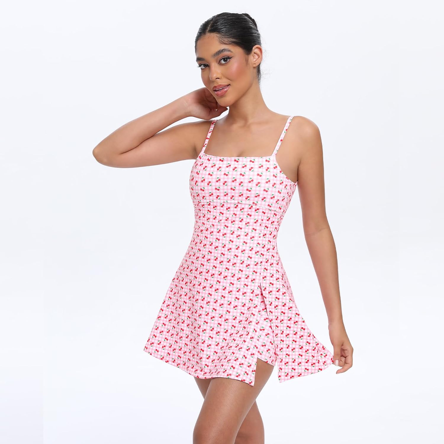 UONNOU Women Tennis Dress Built-in Shorts and Bra Workout Spaghetti Strap Side Slit Golf Athletic Dresses Cherry S - Image 3