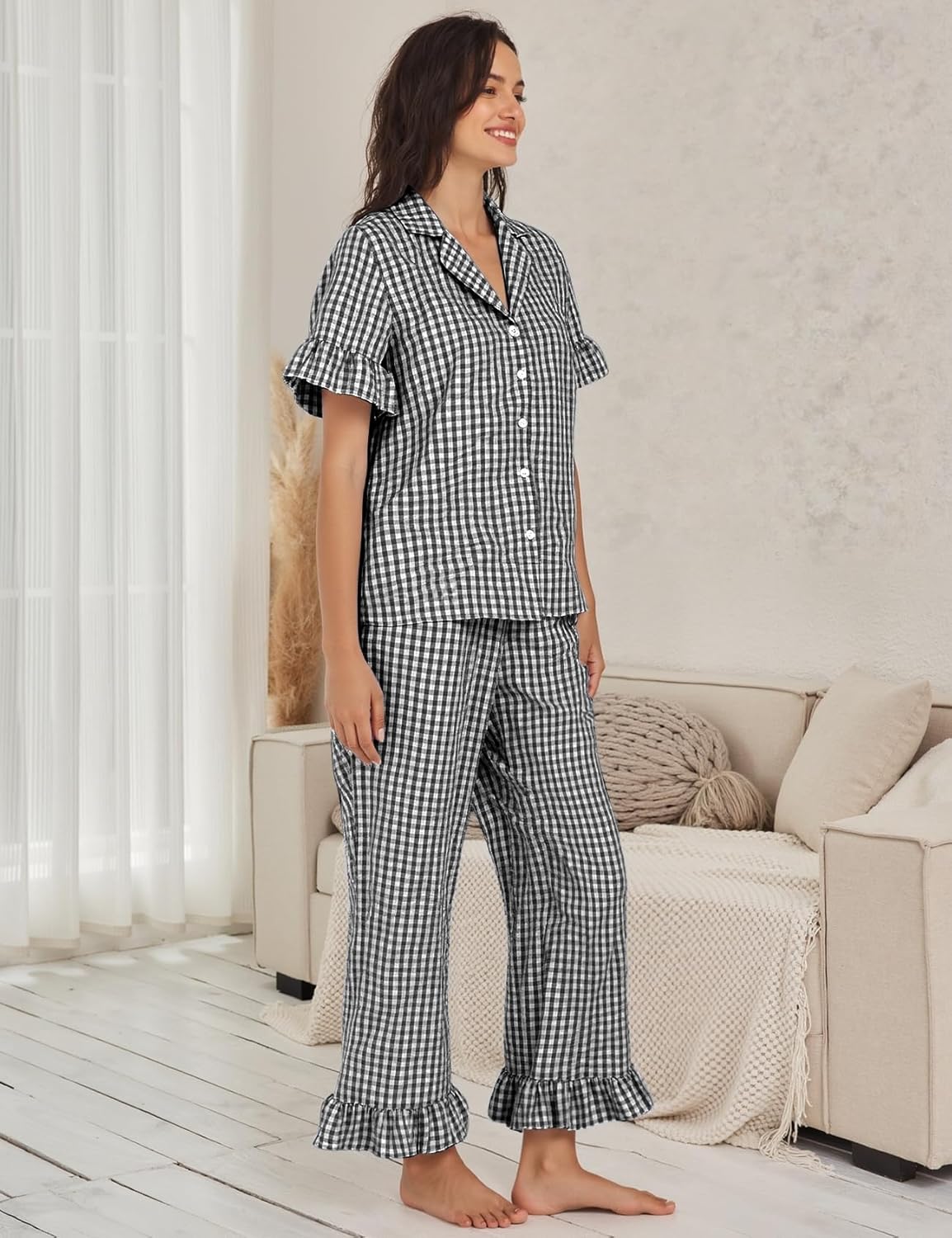 Flygo Womens Plaid Pajamas Sets 2 Piece Cotton Pj Set Ruffled Sleeve Button Down Shirt Gingham Pants Lounge Sets - Image 5
