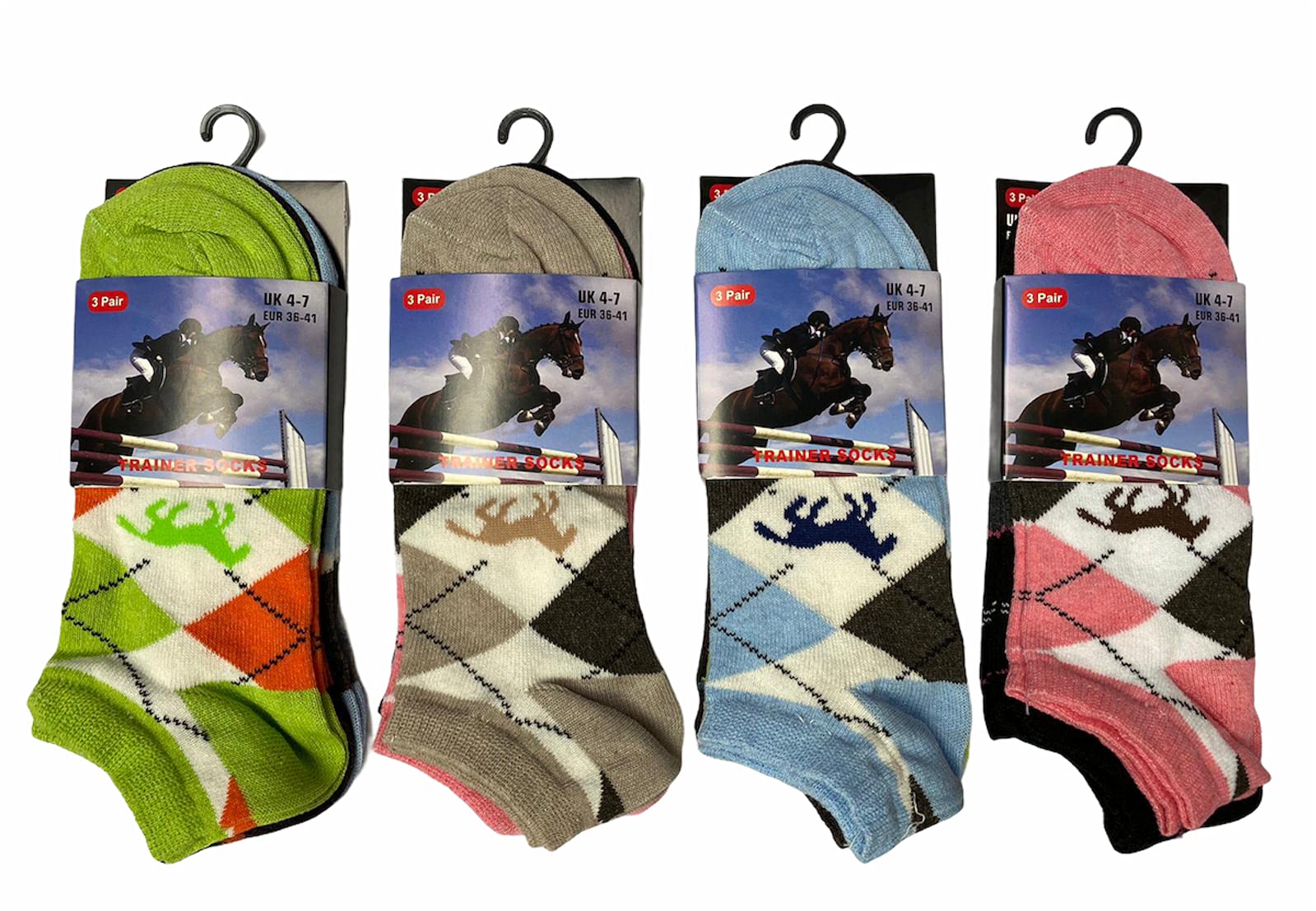 Lyallpur 3 Pairs Ladies Argyle Horse Multi Color Breathable Quality Trainer Liner Ankle Socks UK Size 4-7