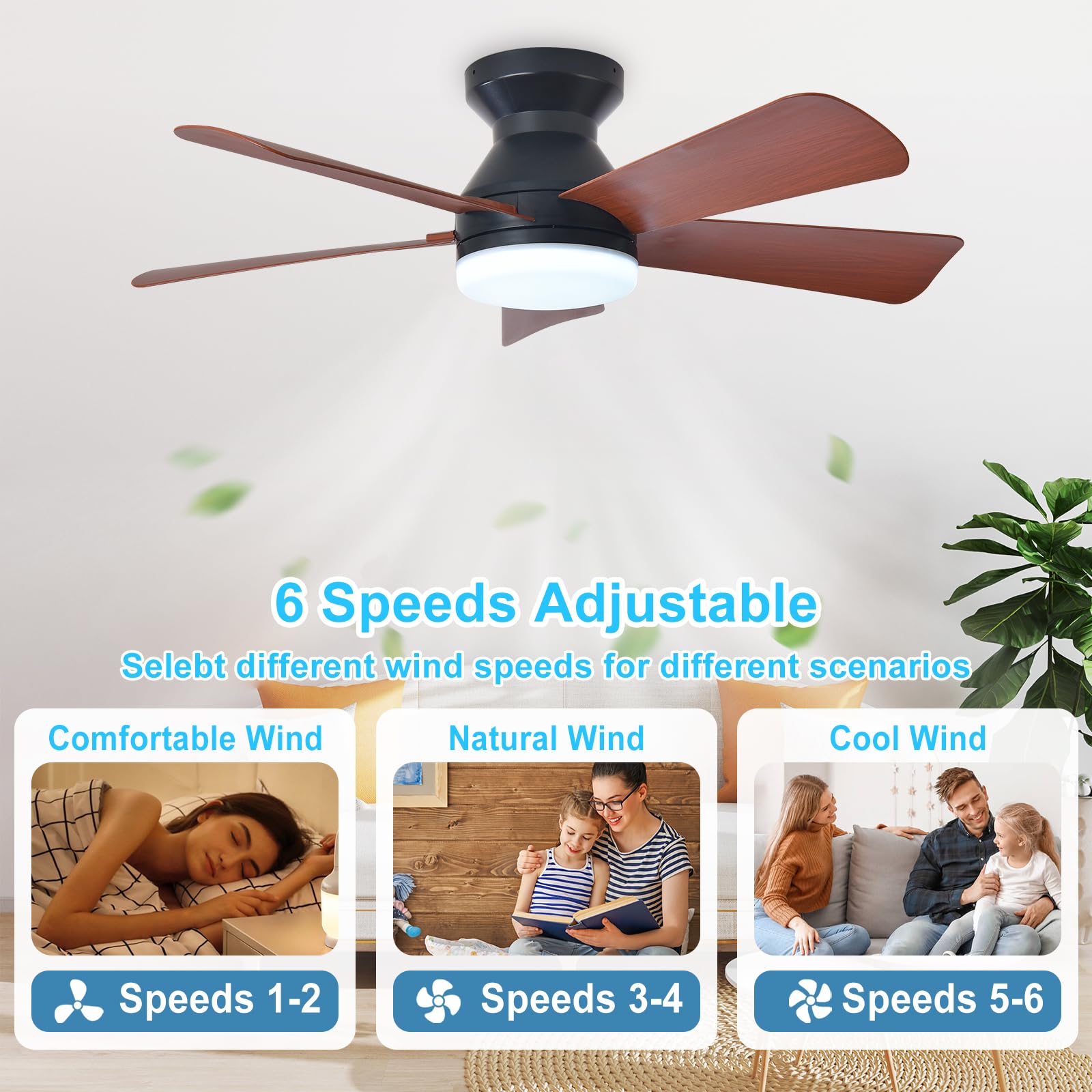 Depuley Ventilador de techo moderno con luz: Ventiladores pequeños negros de 35 pulgadas para dormitorio - Ventiladores de techo empotrable regulables con mando a distancia 5 aspas de nogal invertido
