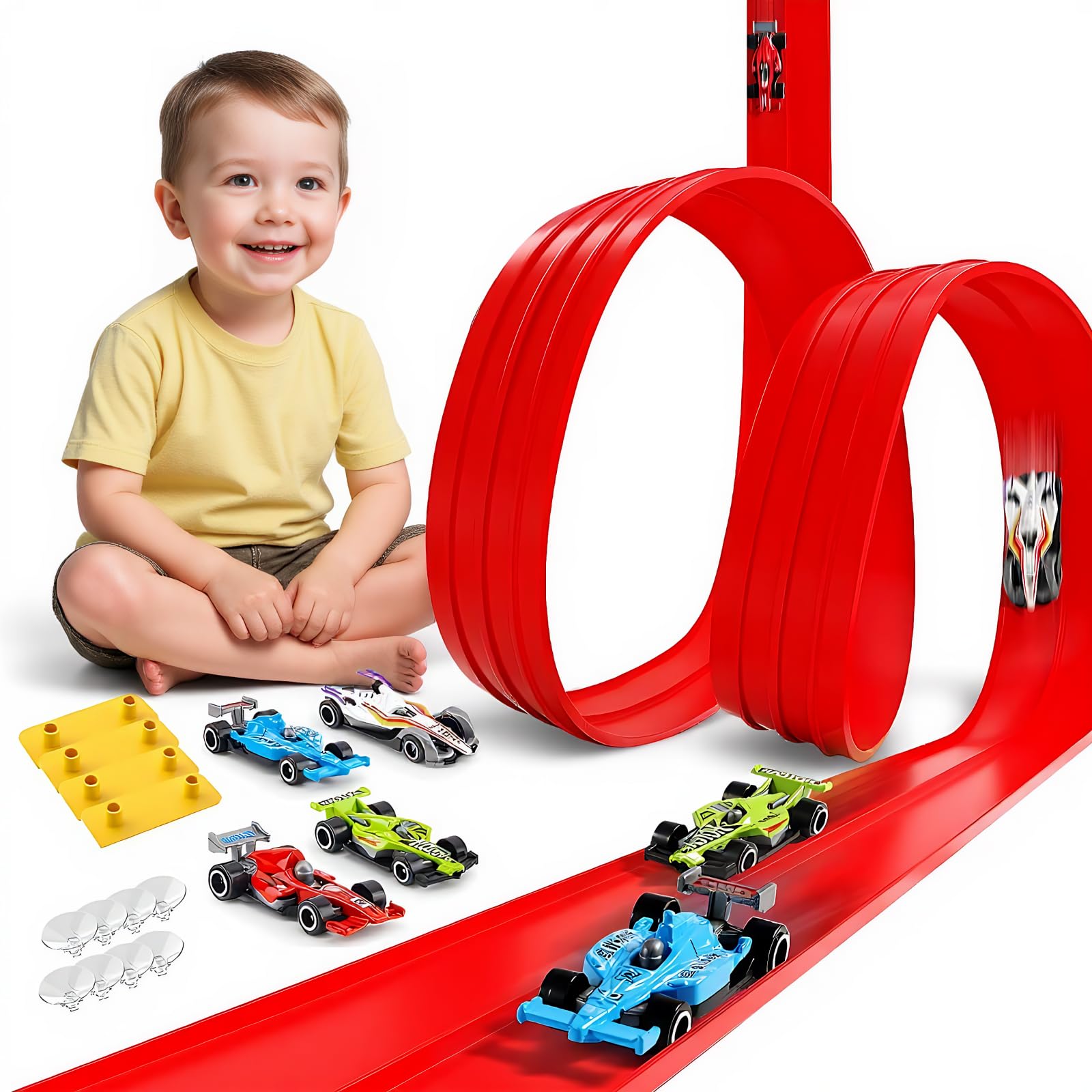 Flexible Toy Car Track for Racing, 6M Roll Up Race Track, 4 Diecast Toy Cars, Mounts on Windows, Doors & Walls for Bumps Jumps Tunnels Loops, Car Track Toys for 3+ Year Old Kids
