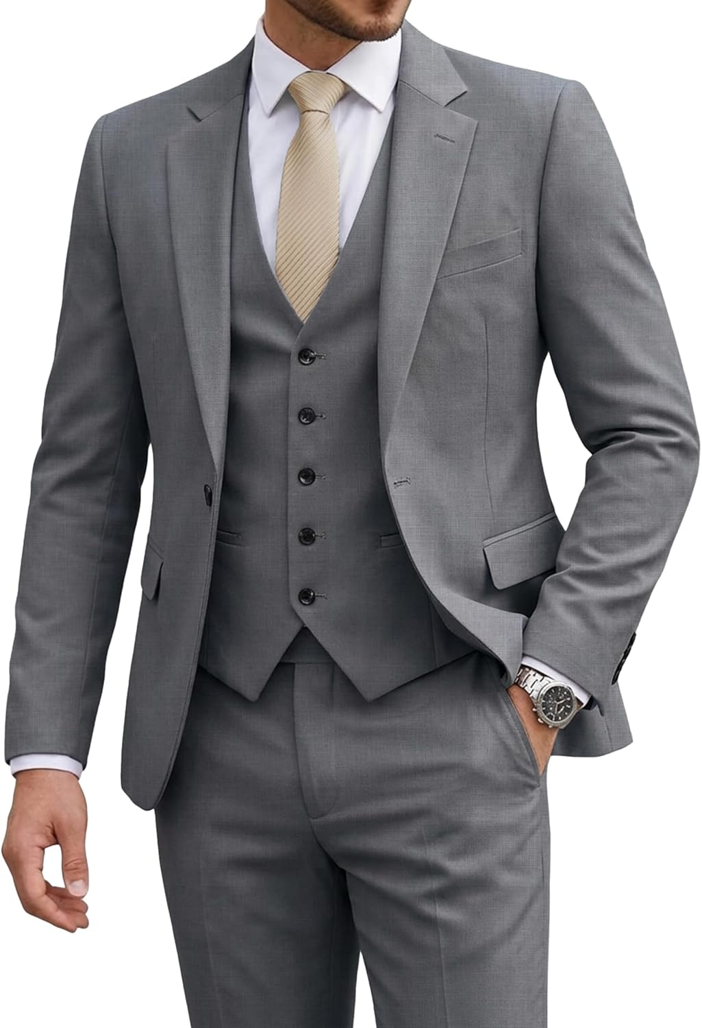 YND 3 Piece Mens Suit Set, Slim Fit Jacket Pants and 5-Button Vest, Notch Lapel Tuxedo Set for Wedding Business Prom