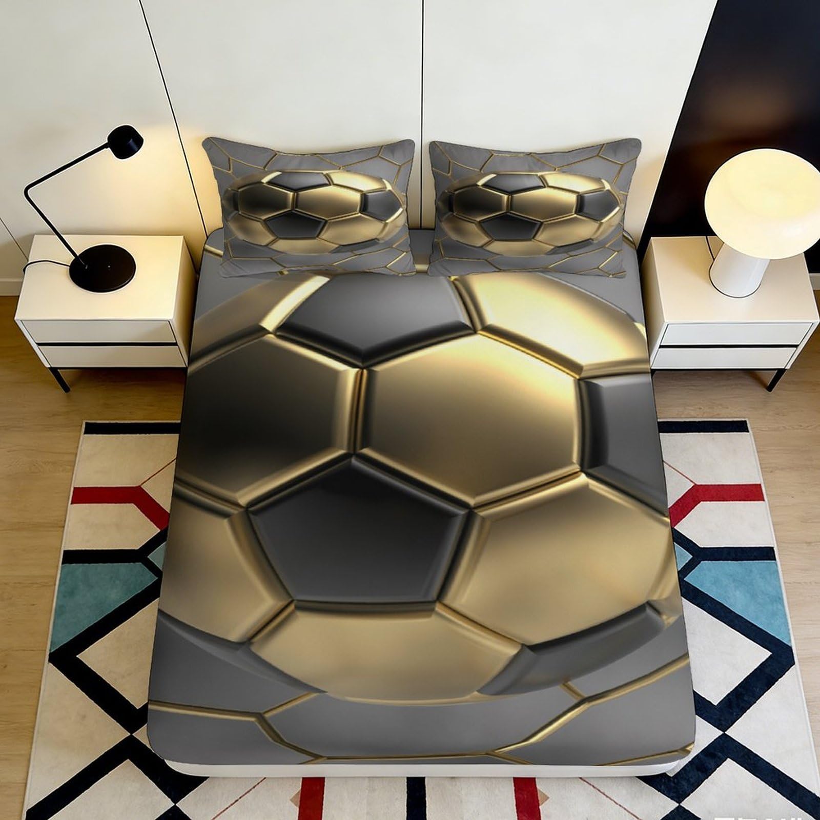 3D Printed Golden Football Fitted Sheet Microfiber Soft Black Soccer Bed Sheet for Bedroom Guest Room Mattress Decor 90x200x25cm