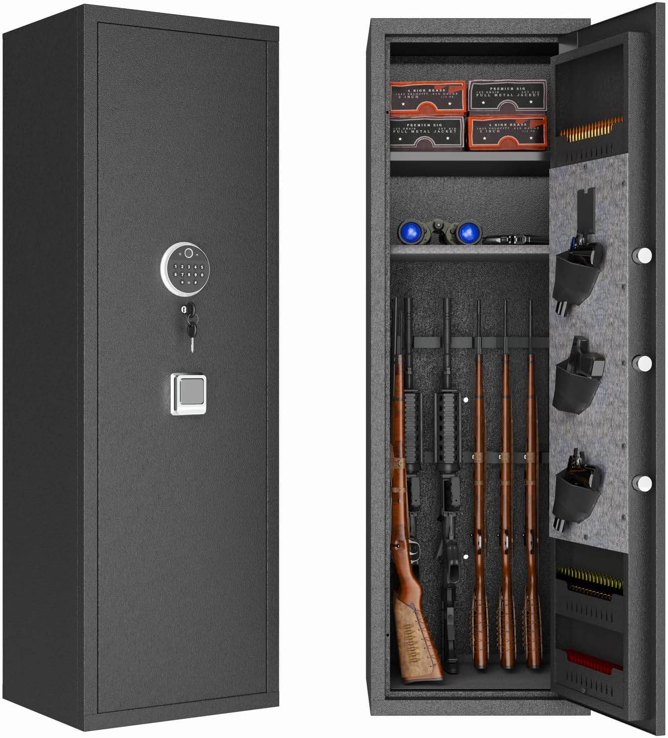 Gun Safe Rifle Biometric, Gun Safes for Rifles and Pistols Holds 8-12 Firearms with Adjustable Racks & Pistol Storage,Fingerprint Keypad Lock Gun Cabinet for Home & Hunting for Enthusiasts