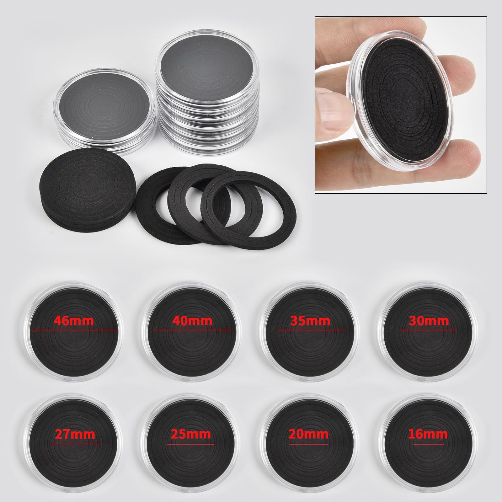 PAIYULE Lot De 96 Capsules Pour Pièces De Monnaie De 46 Mm, Avec Joint En Mousse Et Boîte De Rangement En Plastique, 6 Tailles (20/25/27/30/38/46 Mm) Pour Collection De Pièces De Monnaie