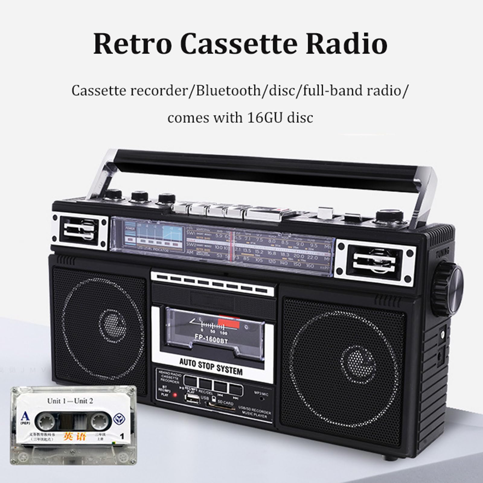 Retro 80s Style Bluetooth Cassette Player, przenośny radioodtwarzacz kasetowy i odtwarzacz z AM/FM/SW1-2, obsługuje karty TF/odtwarzanie USB i Bluetooth, nagrywanie/transkrypcja