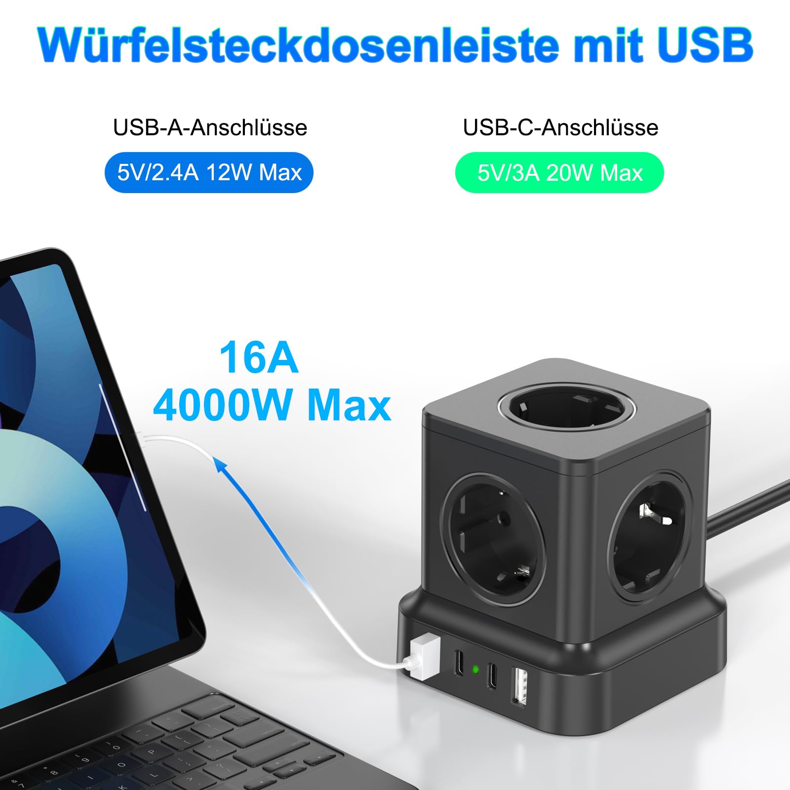 Kostka z 4 gniazdami USB, 5-krotna z pojedynczym przełącznikiem, przedłużacz 1,8 m, ochrona przed przepięciem, do biura, domu, w podróży, kolor czarny