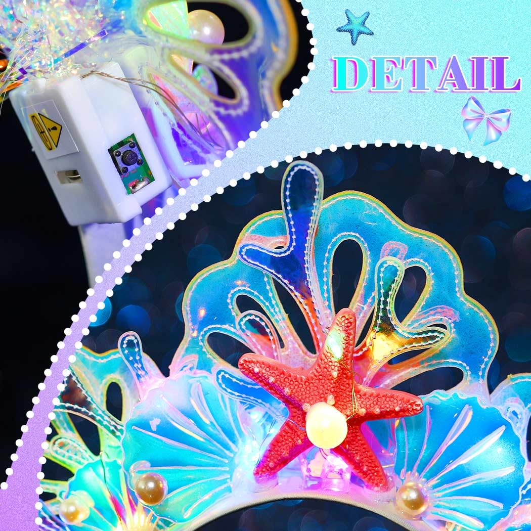 Handcess Light up Shell Headband LED Starfish Hair Band Glitter Glowing Hair Hoop Party Rave Hair Accessories for Women - Image 3