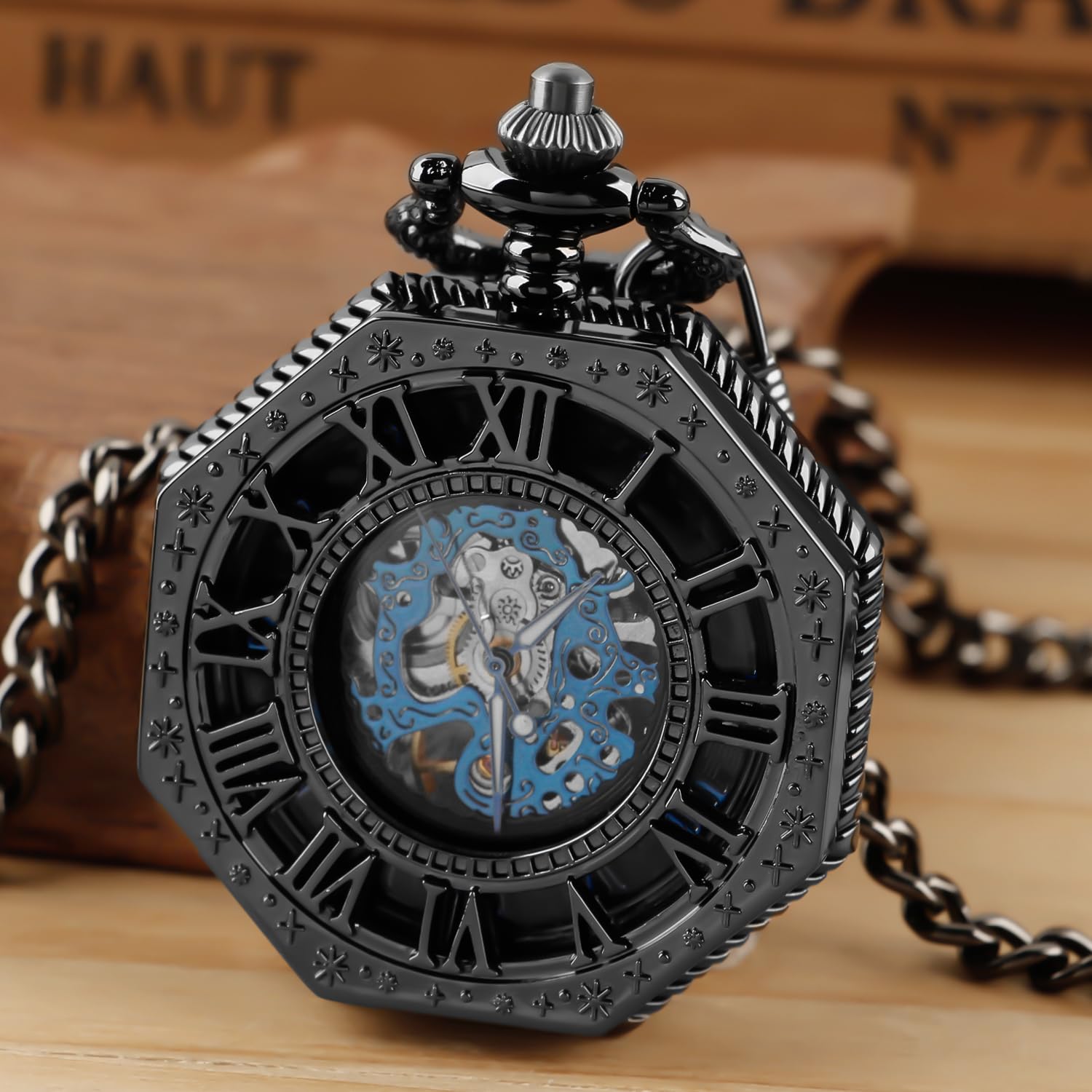 Tiong Reloj de bolsillo mecánico octogonal con diseño de cubierta romana negra, movimiento mecánico para hombre, esfera de números romanos, reloj de bolsillo de apertura única, PWM26, Moda
