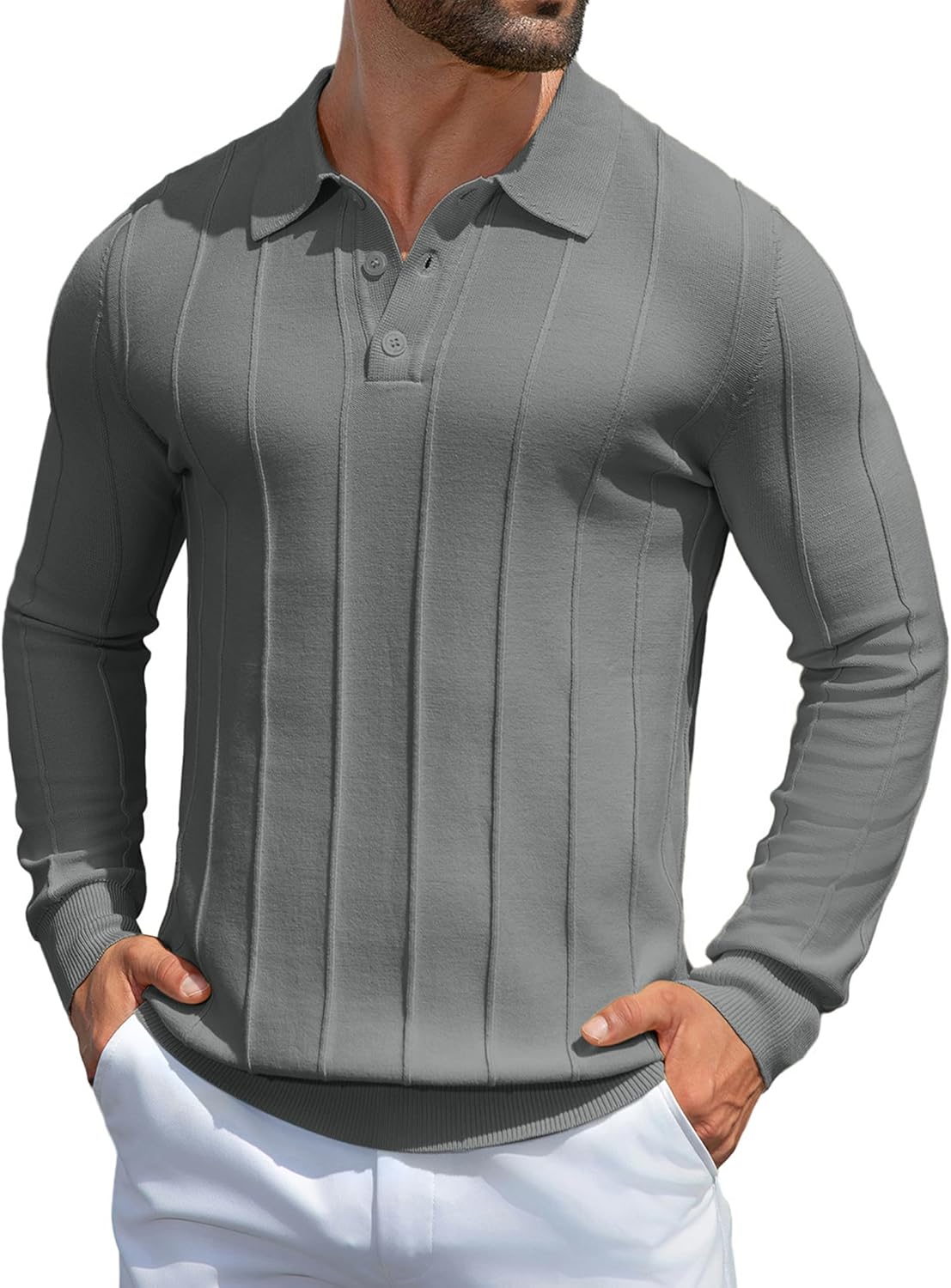 MioRoim Men's Knit Polo Shirts Casual Long Sleeve Polo Sweater Cable Ribbed Knitted Sweaters Vintage Golf Pullover Shirt