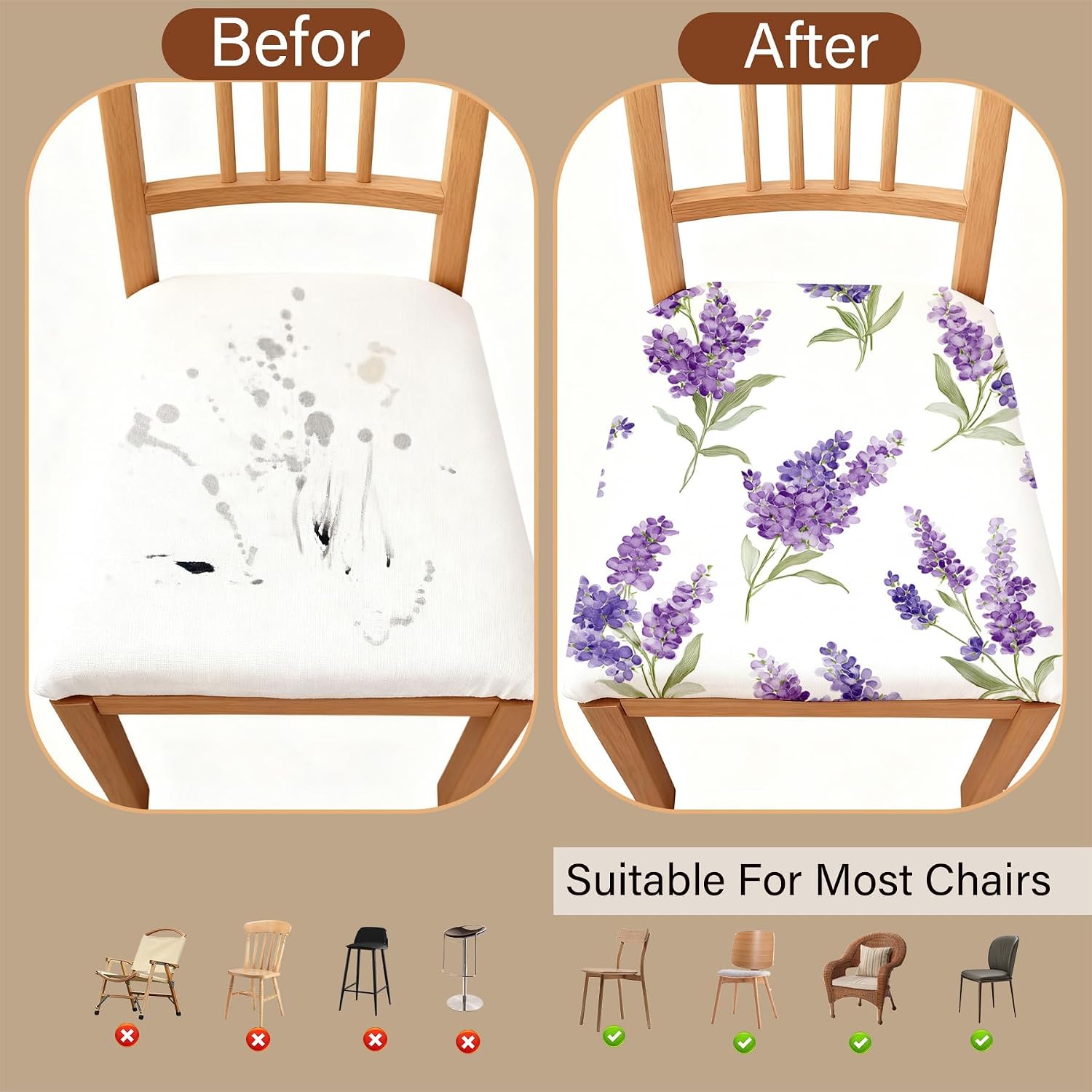 Chair Covers - Elastic Printed Dining Chair Slipcovers, Removable Washable with Elastic Band, Anti-Slip，Protective Covers for Dining Chair Cushions (Type 8, 6-Piece Set)