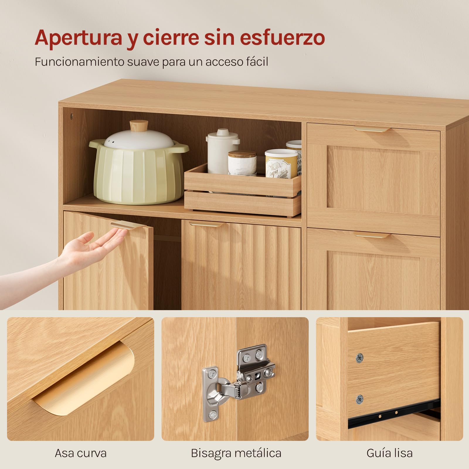 WOLTU Aparador, Mueble Cocina con 3 Cajones, 2 Puertas, Buffet Auxiliar de Cocina con Estante Ajustable, Compartimento Abierto, para Salón, Cocina y Comedor, 90x35x80 cm, Efecto de Madera