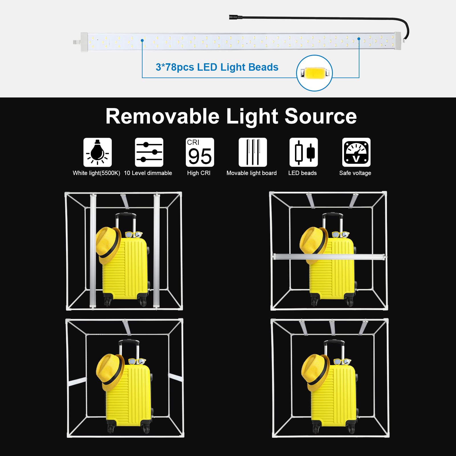 PULUZ Boîte de studio photo professionnelle 80 x 80 cm avec 3 bandes lumineuses LED mobiles et à intensité variable (90 W, 5600 K), 4 arrière-plans en PVC et sac de transport – Tente lumineuse pour