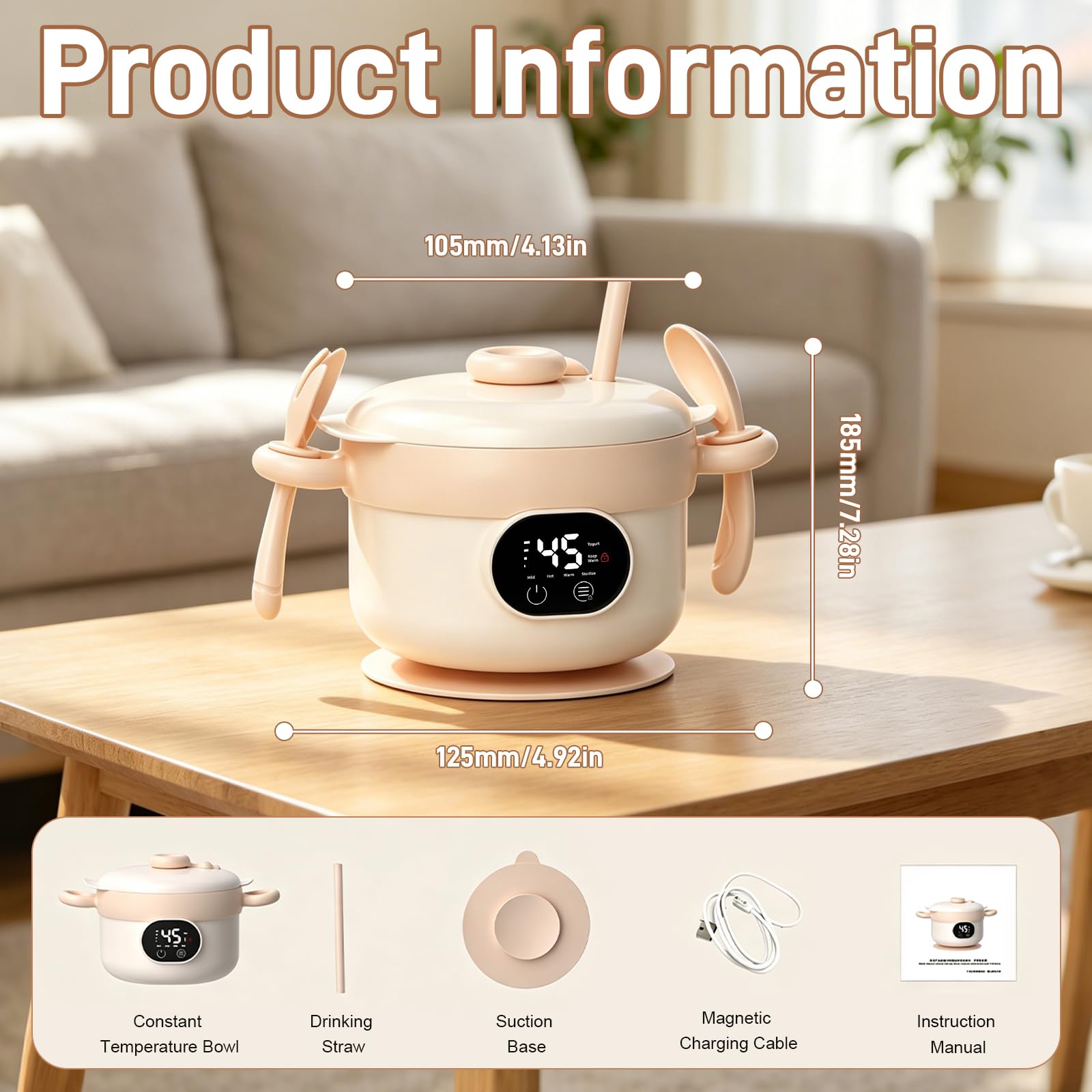 Recipiente TéRmico Para Alimentos, 470 Ml Fabricado En 304 Acero Inoxidable 3 Ajustes De Temperatura (45/50/55 °C) Resistente Al Agua Ipx7 FuncióN Yogurtera Con Pajita Tenedor Ventosa Y Cuchara
