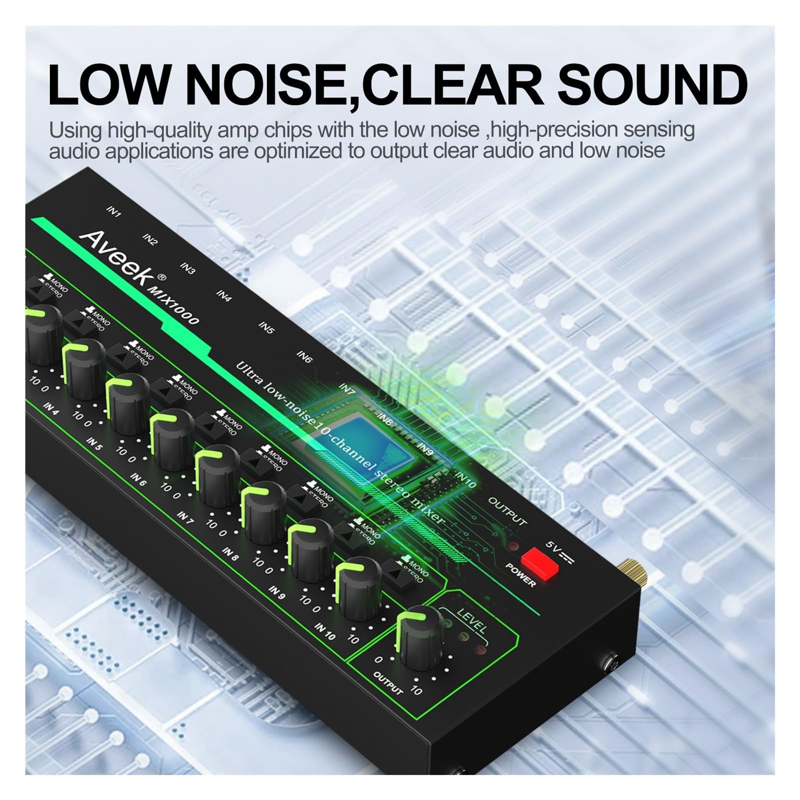 Mikser 10-kanałowy - Mini mikser stereo 10, niski poziom szumów do precyzyjnego miksowania podrzędnego, wejście/wyjście TRS 1/4" dla mikrofonów