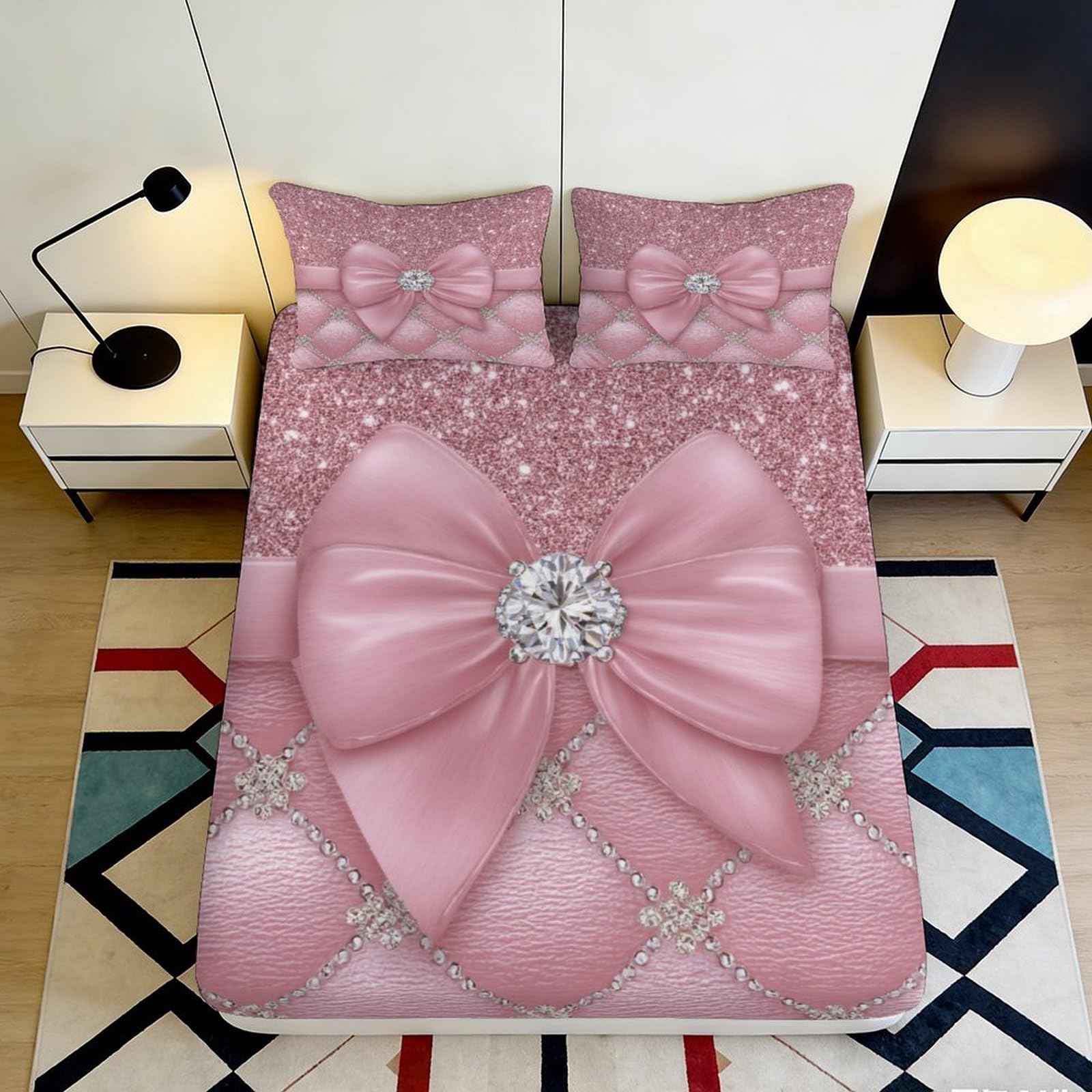 3D Printed Bow Crystal Design Fitted Sheet Microfiber Deep Pocket Non-Slip Bedding Set Pink Mattress Fitted Cover Washable 200x200x25cm