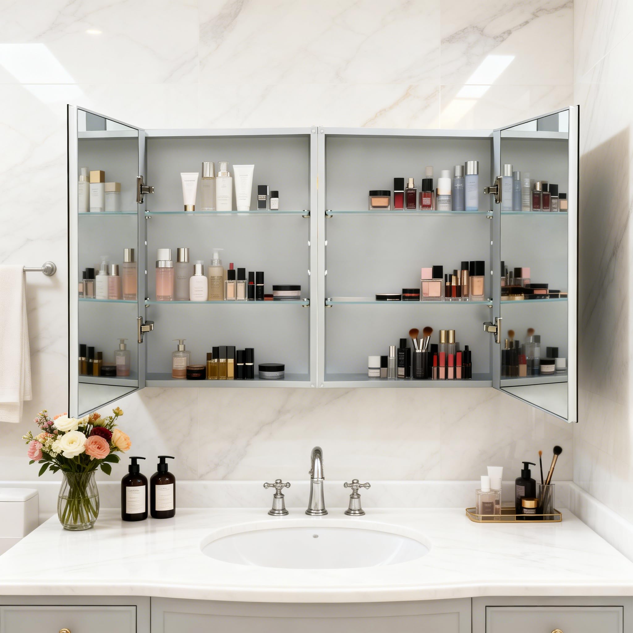 Botiquín de baño de 40 x 50 cm con espejo, marco de aluminio, ligero, resistente y atractivo, adecuado para montaje empotrado o en pared, estantes ajustables, vidrio templado, requiere montaje