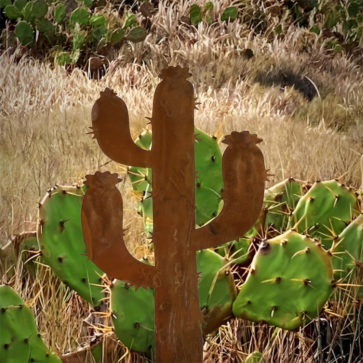 Tuteur décoratif de Jardin en métal rouillé, Cactus en Fer, Couleur Rouille, idéal pour la décoration et l'ornement.