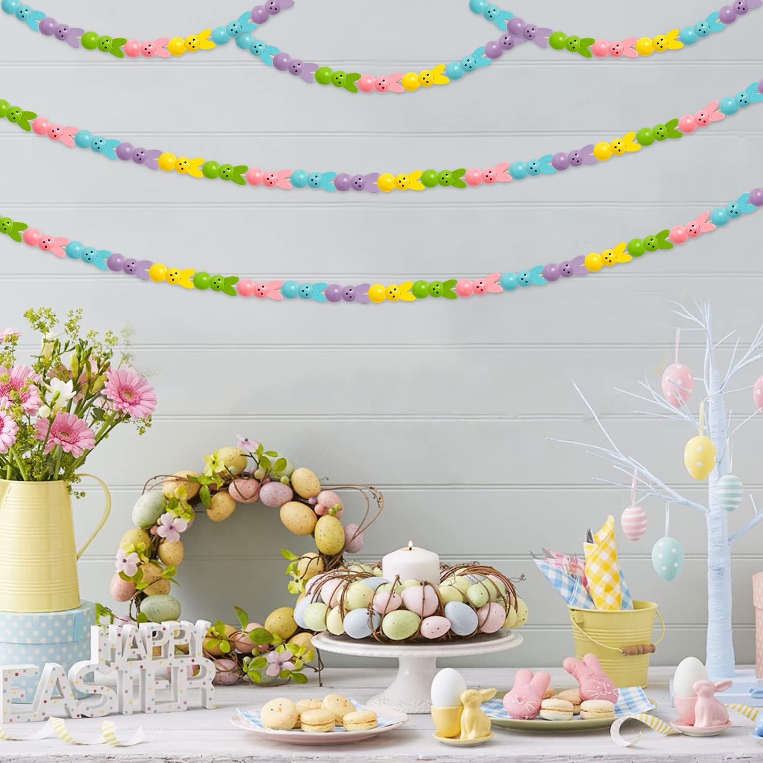 Eartim Easter Bunny Wood Beads Craft - 121Pcs Colorful Rabbit Round Beads with Twine Rustic Farmhouse DIY Natural Wood Craft Kit for Kids Happy Easter Day Party Hanging Ornament Decoration Supply - Image 6