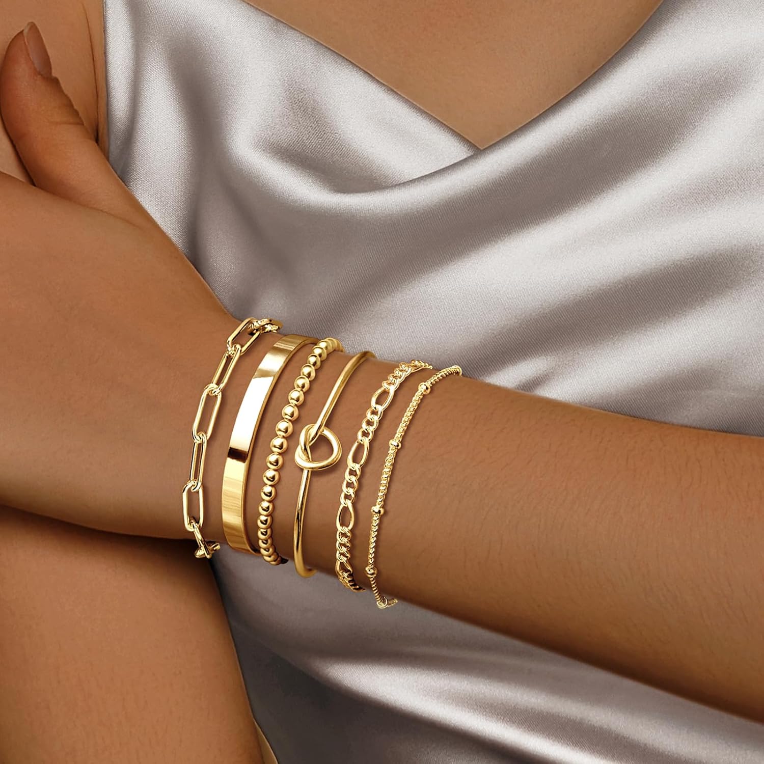 HERIER Gold Bracelets for Women 18k Gold Plated Bracelet Stack Bangle Cuff Bracelet Set for Women Non Tarnish Beaded/Paperclip/Cuban Link Chain Bracelets Jewelry for Women Trendy - Image 2