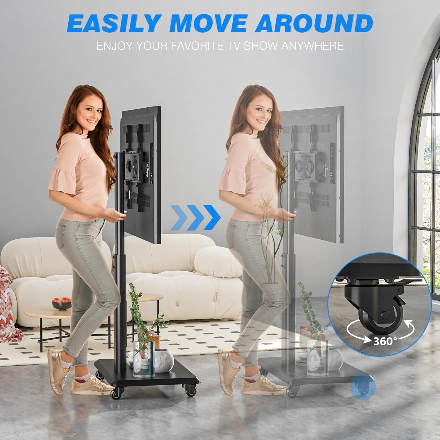 Rfiver Rolling TV Stand for 32 to 70 Inch TVs, Modern Corner TV Stand with Upgraded Wheels, 9 Levels of Height & ±30° Swivel Adjustable Mobile TV Mount Stand for Bedroom, Corner, Small Dorm, Black