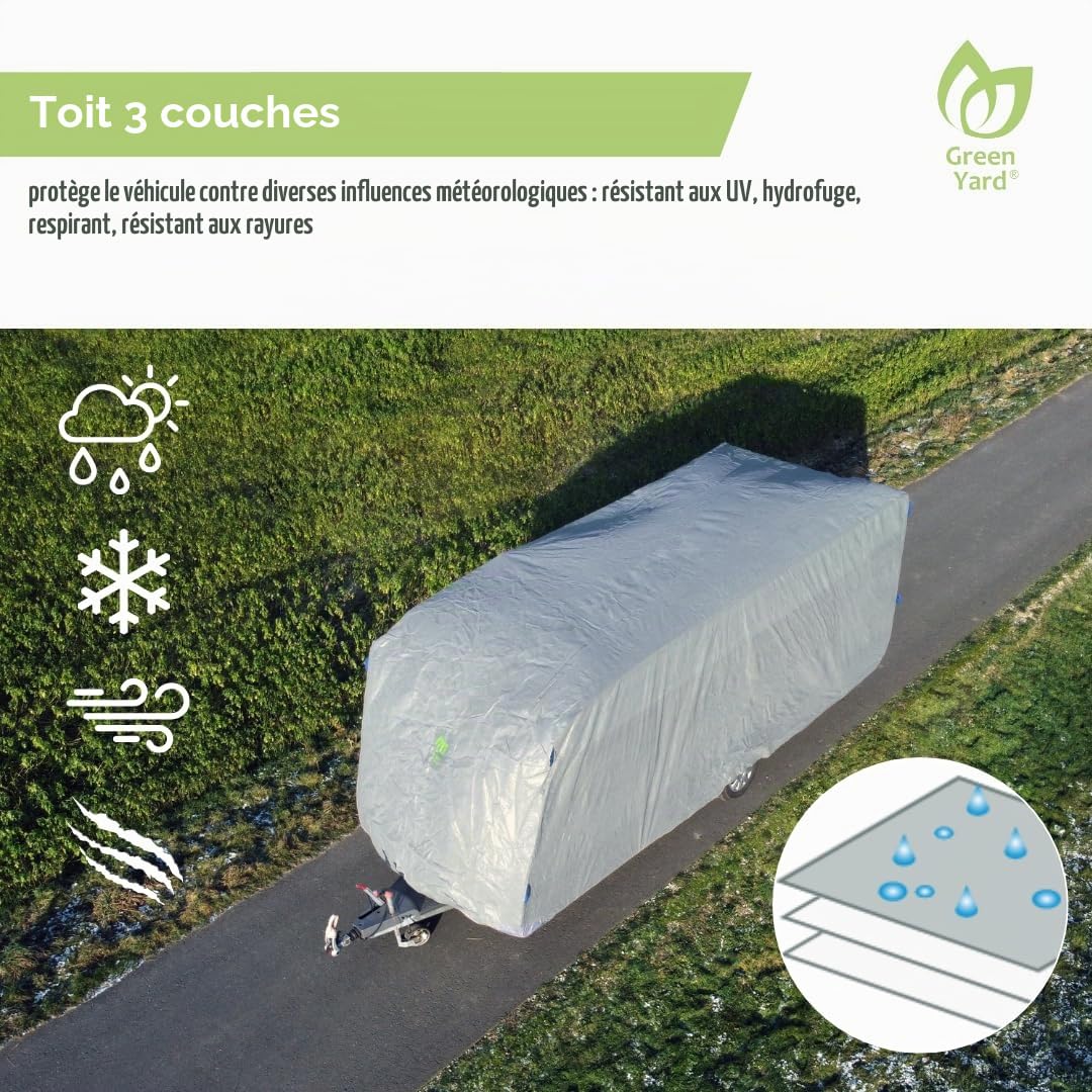 GreenYard® Bâche de Protection pour caravanes ou Camping-Cars | Taille XL 670 x 250 x 220 cm | Housse de Camping | Protection Contre la poussière et l'humidité | Respirant | Durable