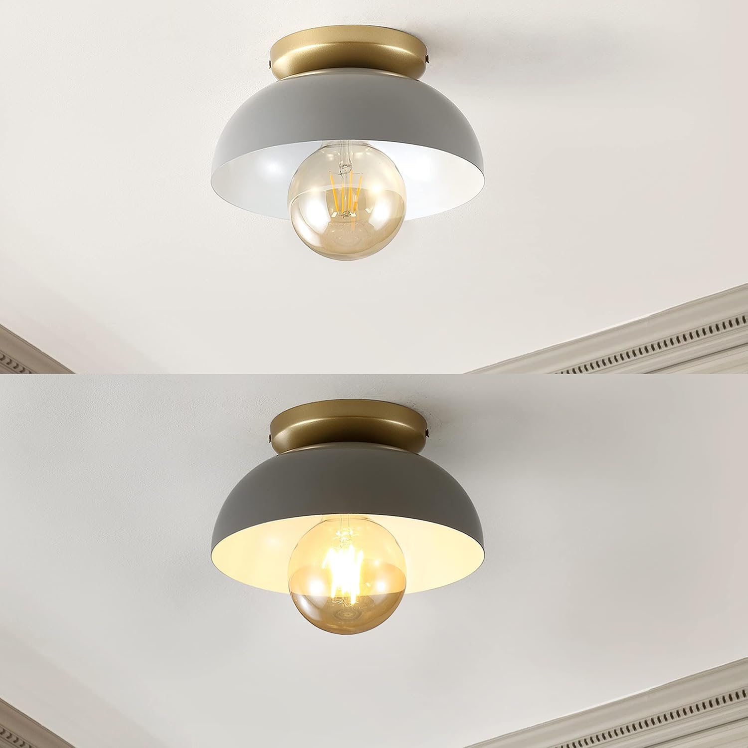 JONATHAN Y 8.5" Gray/Gold Painting 1-Light Modern Industrial LED Flush Mount Ceiling Light, Metal Dome Shade for Hallway Entryway Bedroom Kitchen, G95 LED Bulb Included (JYL1327C)