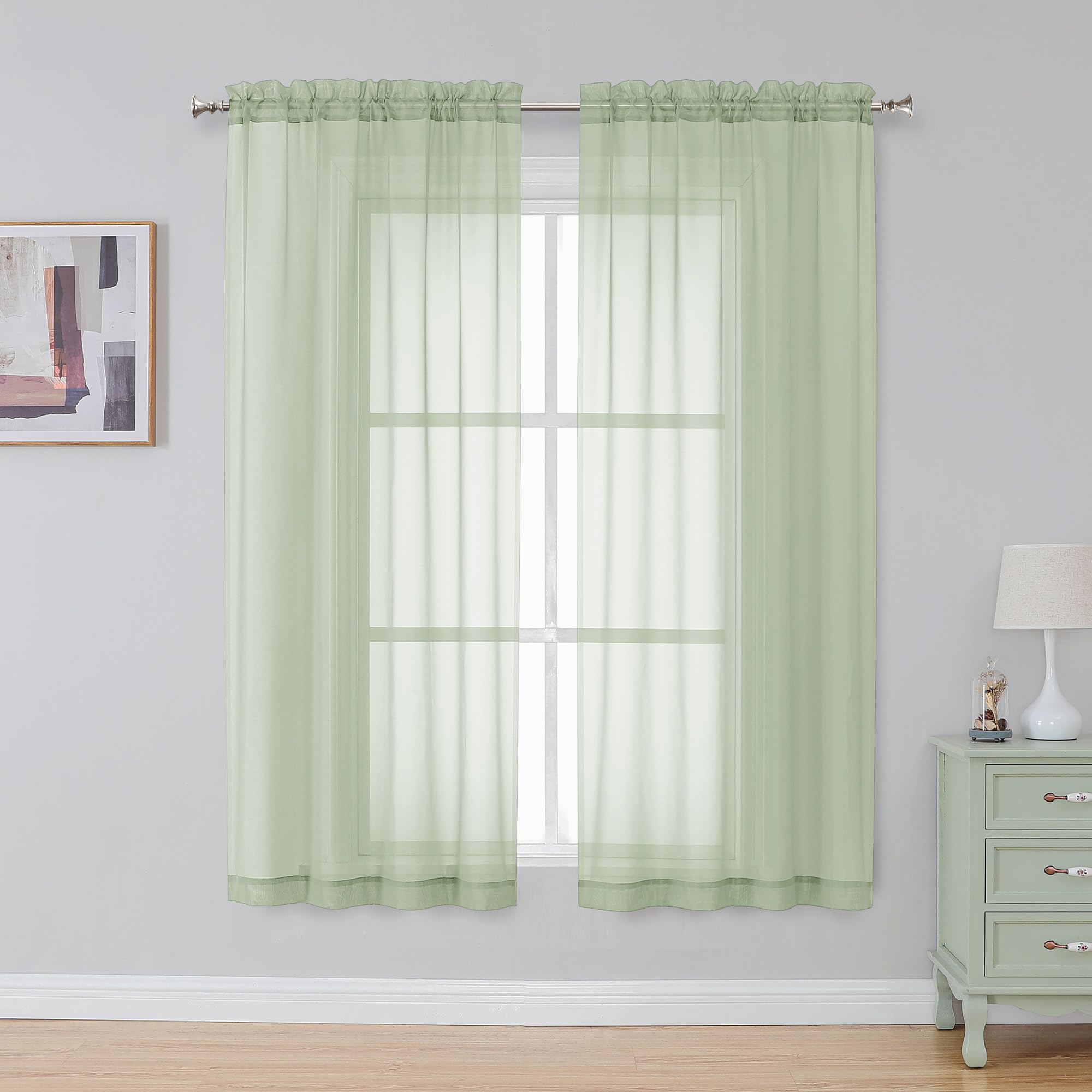 Simplebrand Light Green Sheer Curtains 63 Inch Length 2 Panels for Bedroom