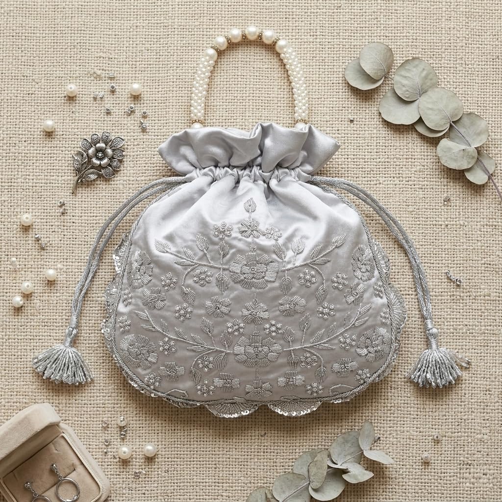 Amayra Luxe Potli Desinger Bags | Jute Handbags for women | Embroidered Women Potli | Ladies Shagun Pouches for Festive Seasons | Batwa Bag | Bridal Purse With Embroidery for Wedding (Silver) 3