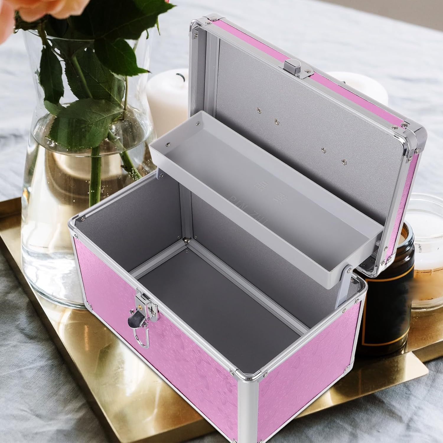 FAVOMOTO Aluminum Alloy Large Portable Privacy Storage Box with Lock, Pink Metal Medicine Organizer Case for Adult Household Travel, Multi-functional Tool and Medication Holder