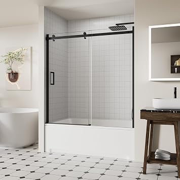 Frameless Bathtub Shower Door 56-60" Wx58 H 8mm Glass Matte Black | Fits Bathtub. 8mm SGCC Tempered Glass, Nano Coating Easy Clean, Magnetic Seal. Single Sliding Reversible. Chrome Available.