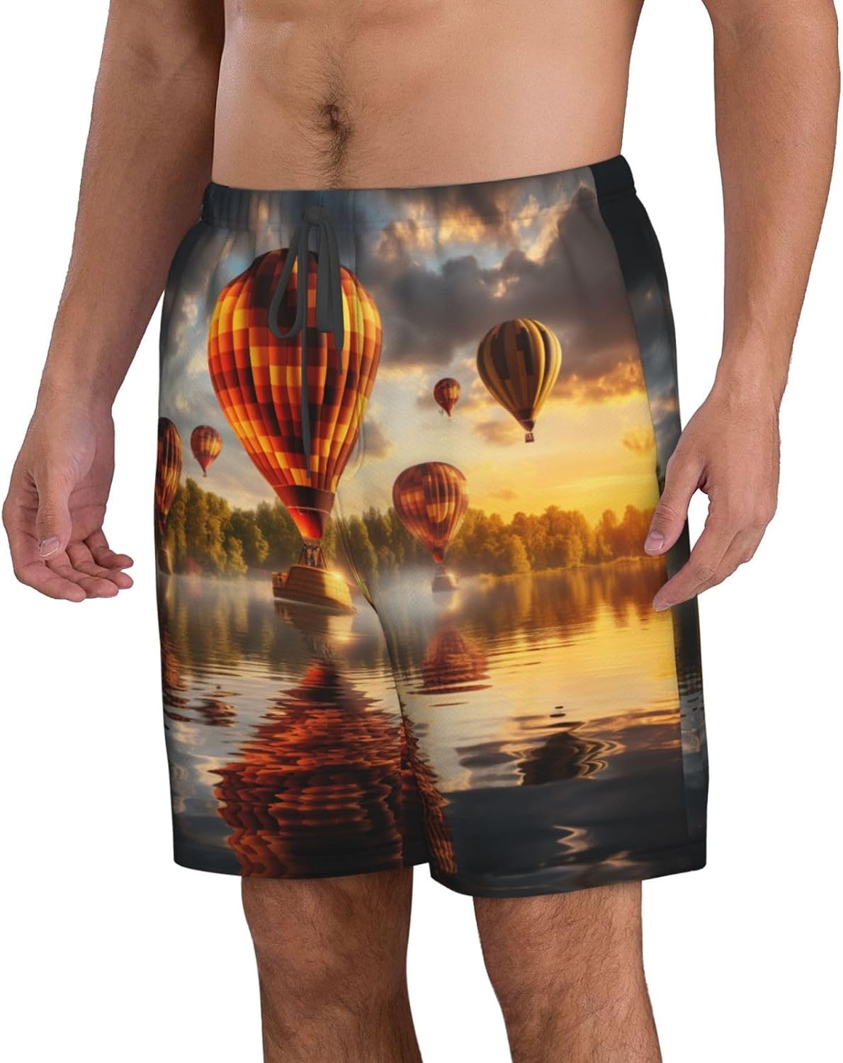 Hot Air Balloon Sunset Print Mens Casual Shorts Drawstring Summer Beach Stretch Shorts Novelty Swimtrunks
