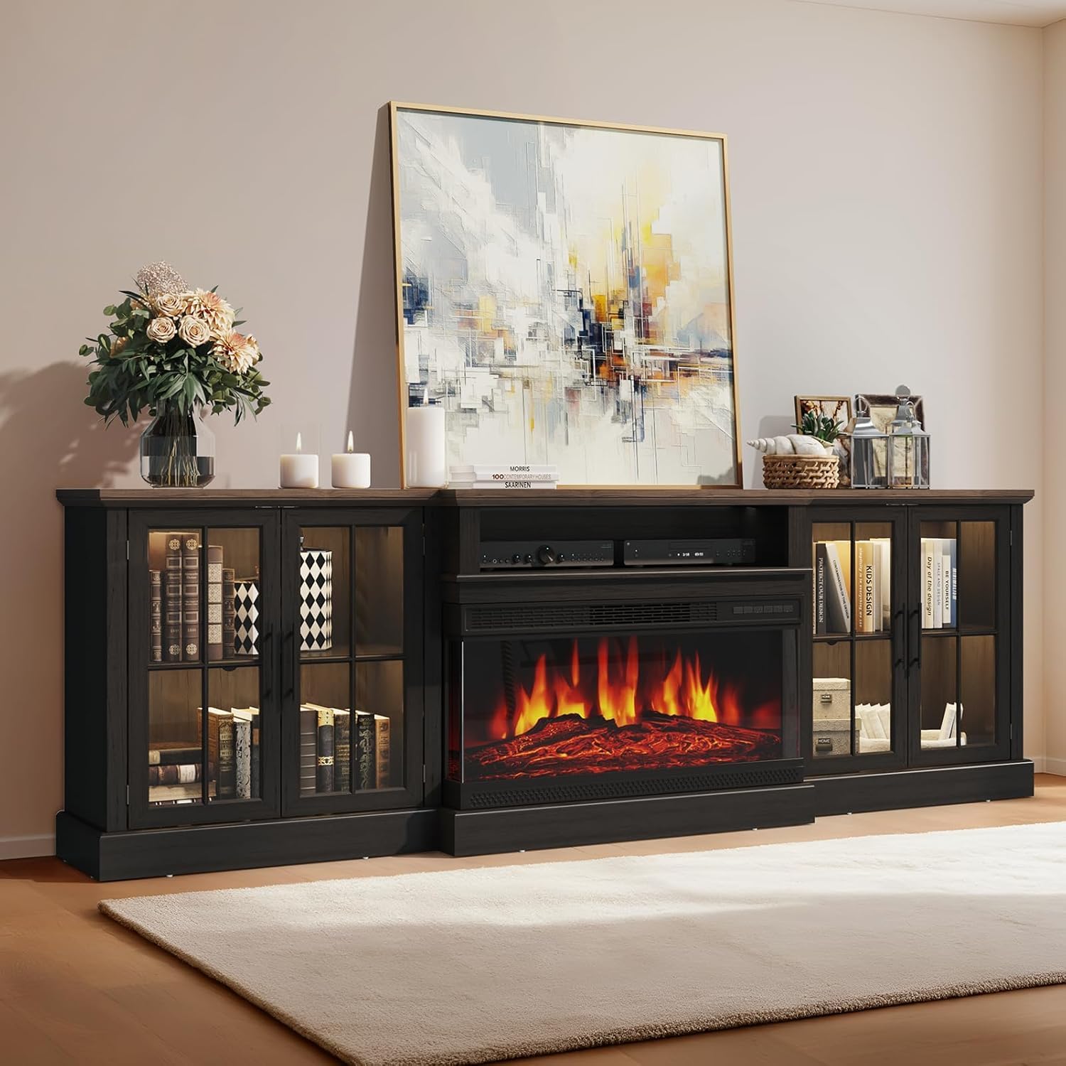 Black 98" Farmhouse TV Stand with 36" Fireplace for Living Room,Media Entertainment Center with Adjustable Shelves and Large Storage Cabinets, TVs up to 100"
