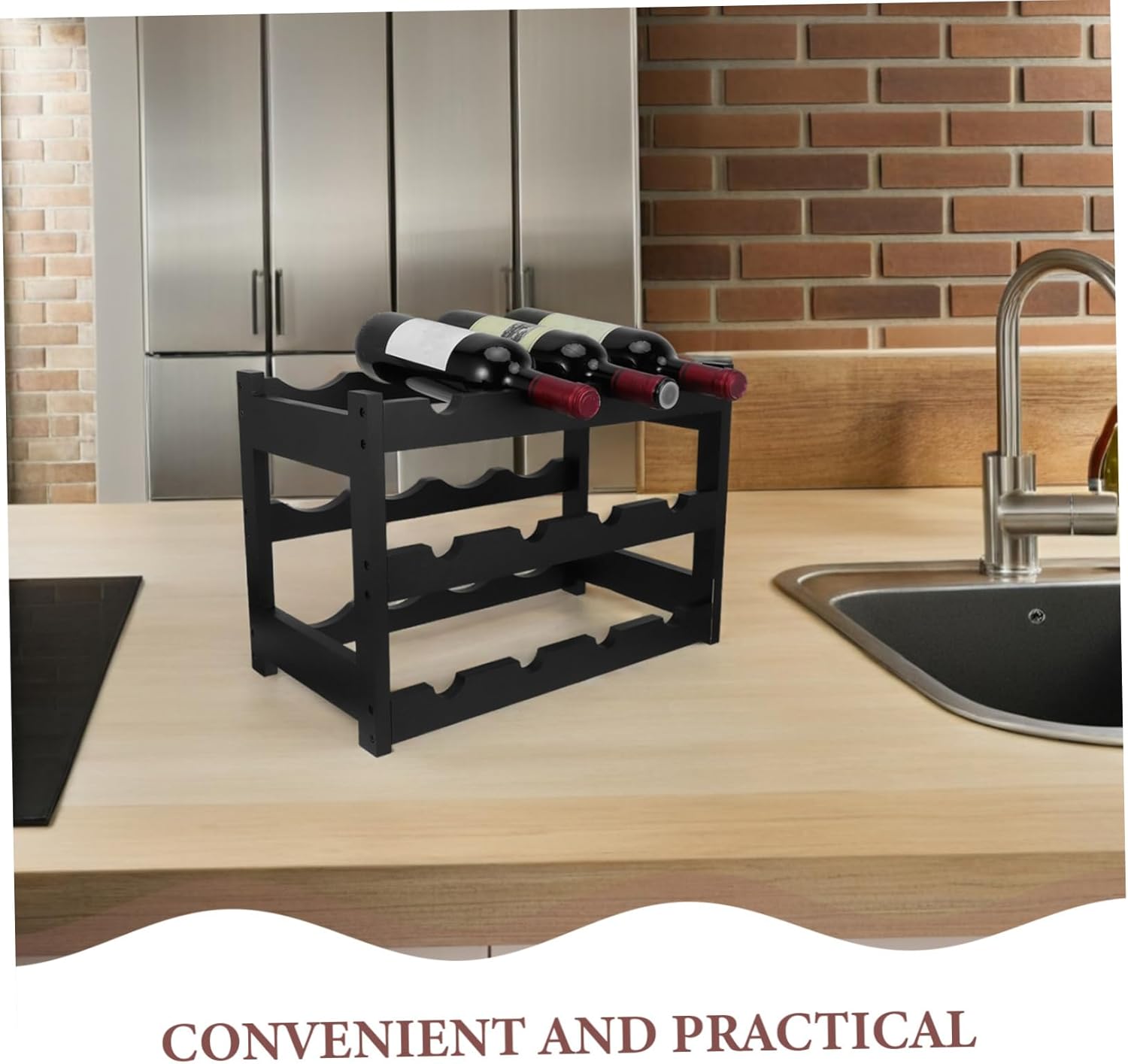 Zerodeko Bamboo Wine Rack Cabinet 3-Tier Wine Bottle Holder Bottle Display Rack for Countertop Or Floor for Home Kitchens Pantry Bars