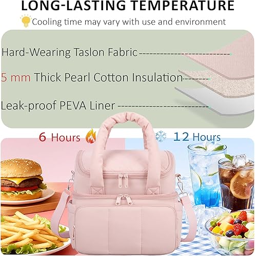 Miniatura 2 de Lonchera aislada para mujer, ligera, acolchada, impermeable, con correa ajustable para el hombro, bolsa de almuerzo reutilizable para el trabajo,