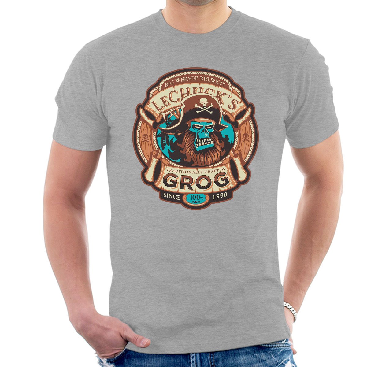 Cloud City 7 Men's Heather Grey Ghost Pirate Grog Monkey Island Lechuck T-Shirt
