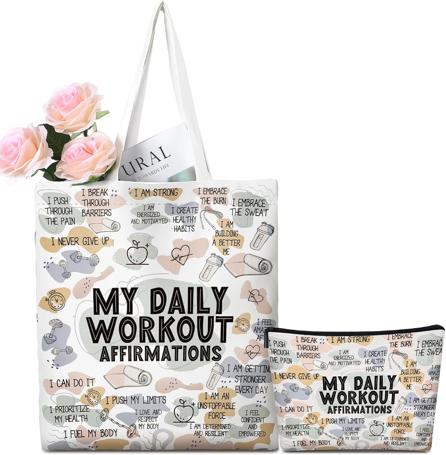 2 Pcs Daily Affirmations Canvas Makeup Bag Tote Bag Workout Gifts for Women Mental Health Gym Lover Gift for Mom Teacher