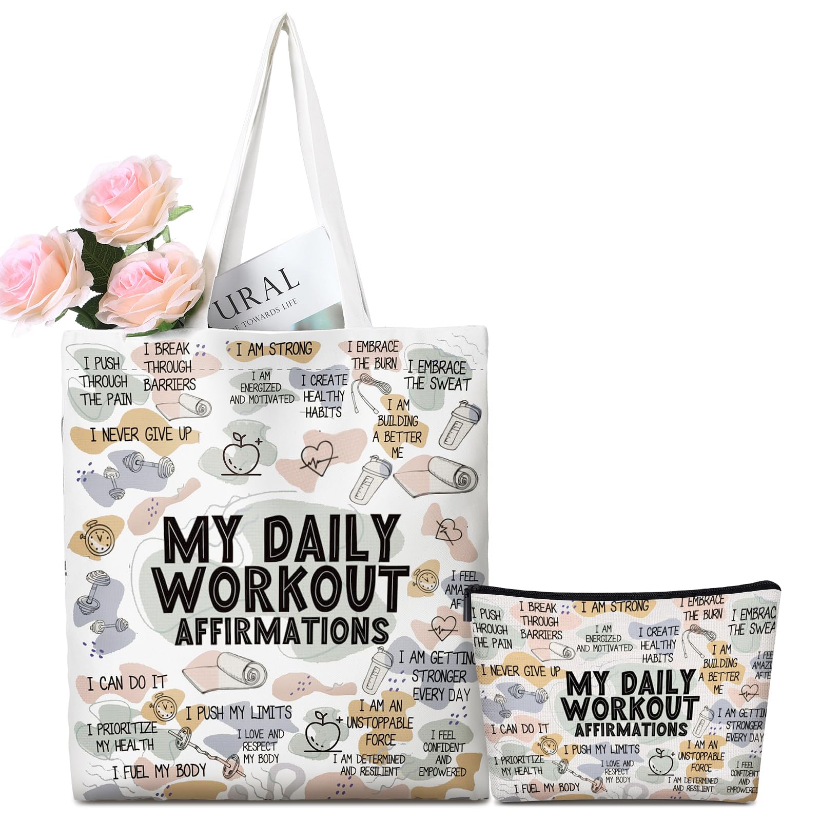 Bulyoou 2 Pcs Daily Affirmations Canvas Makeup Bag Tote Bag Workout Gifts for Women Mental Health Gym Lover Gift for Mom Teacher