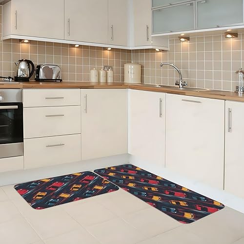 Miniatura 2 de Antifatigue Kitchen Mats for Floor 2 Piece - Retro Color Racing Car Print Kitchen Rugs Non Slip Washable, Runner Rug Standing Mat for
