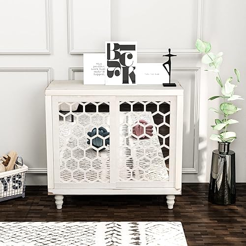 Miniatura 2 de HOMPUS Armario decorativo con puertas y estantes estampados, aparadores rústicos de buffet con puertas de espejo, armario de almacenamiento, barra